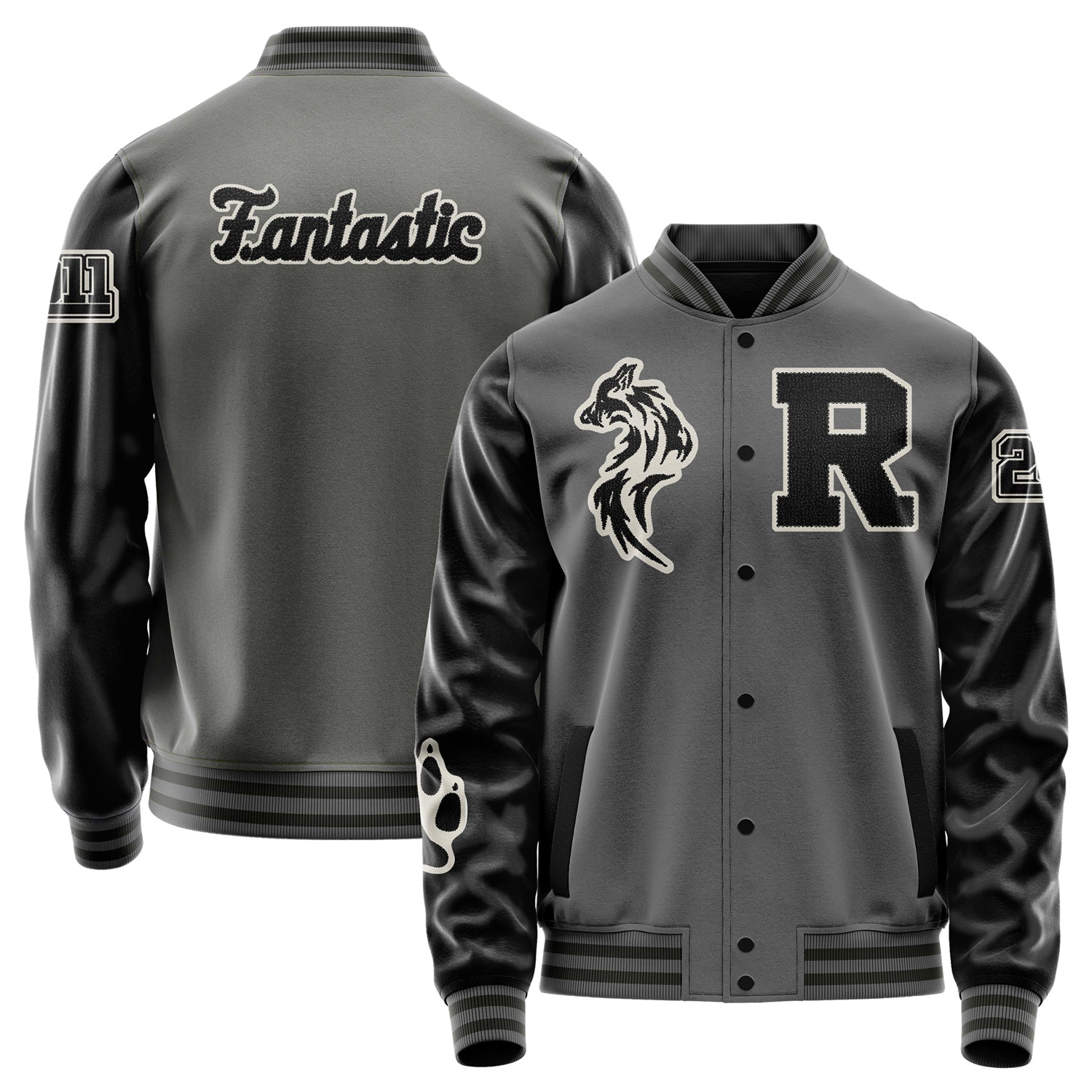 Custom Gray Varsity Jacket Patches Black Leather Sleeves - Fox Paw Prints