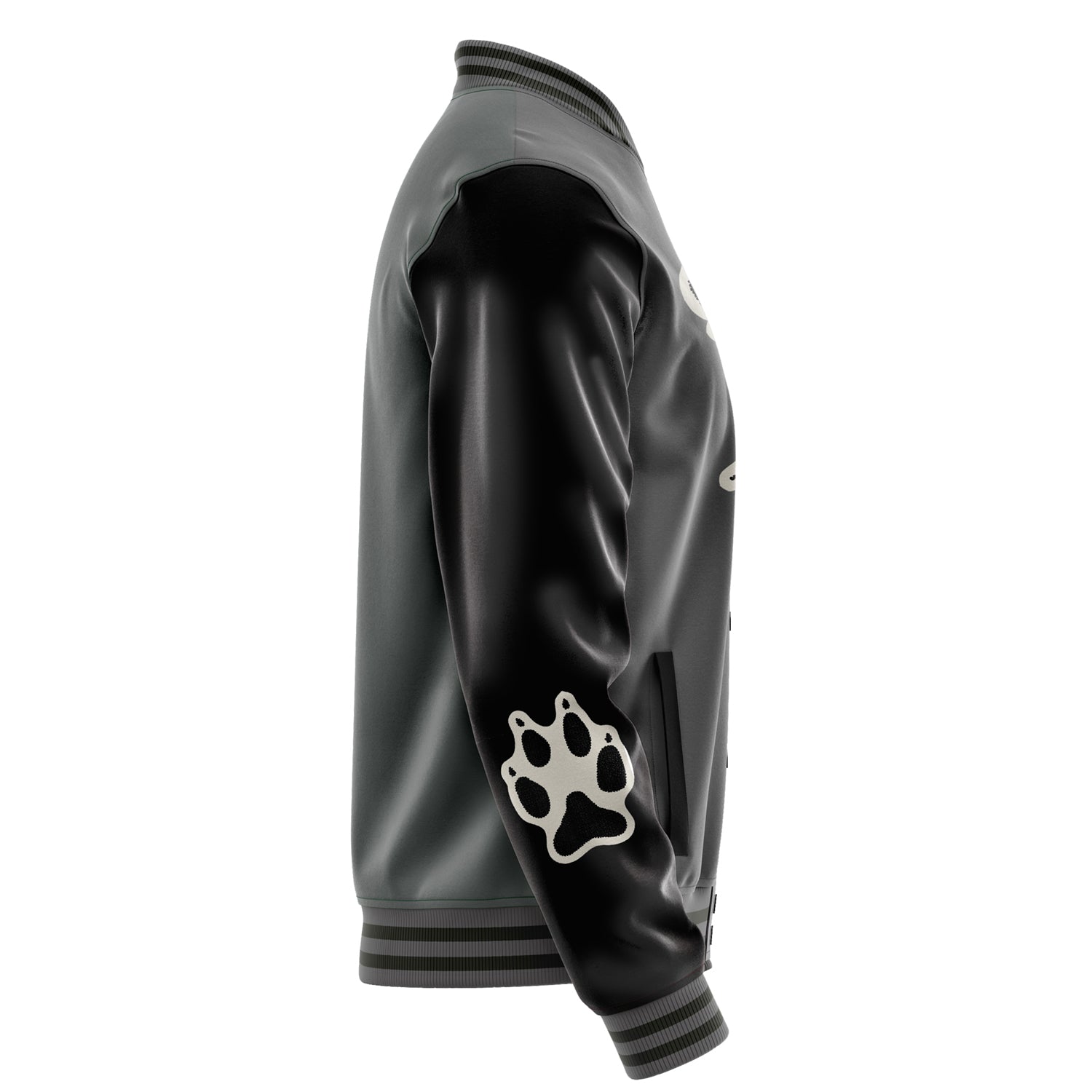 Custom Gray Varsity Jacket Patches Black Leather Sleeves - Fox Paw Prints