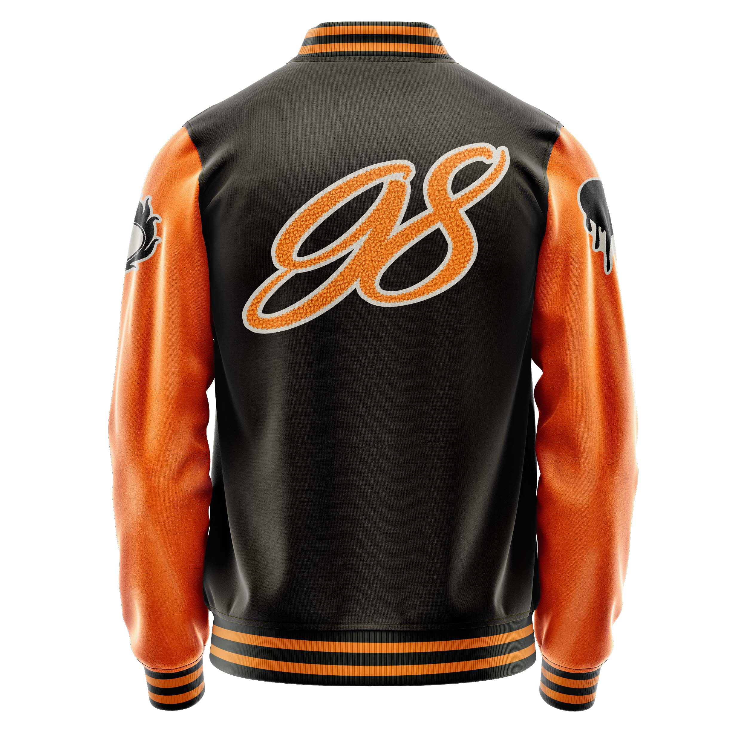 Custom Brown Varsity Jacket Patches Orange Leather Sleeves - dripping heart