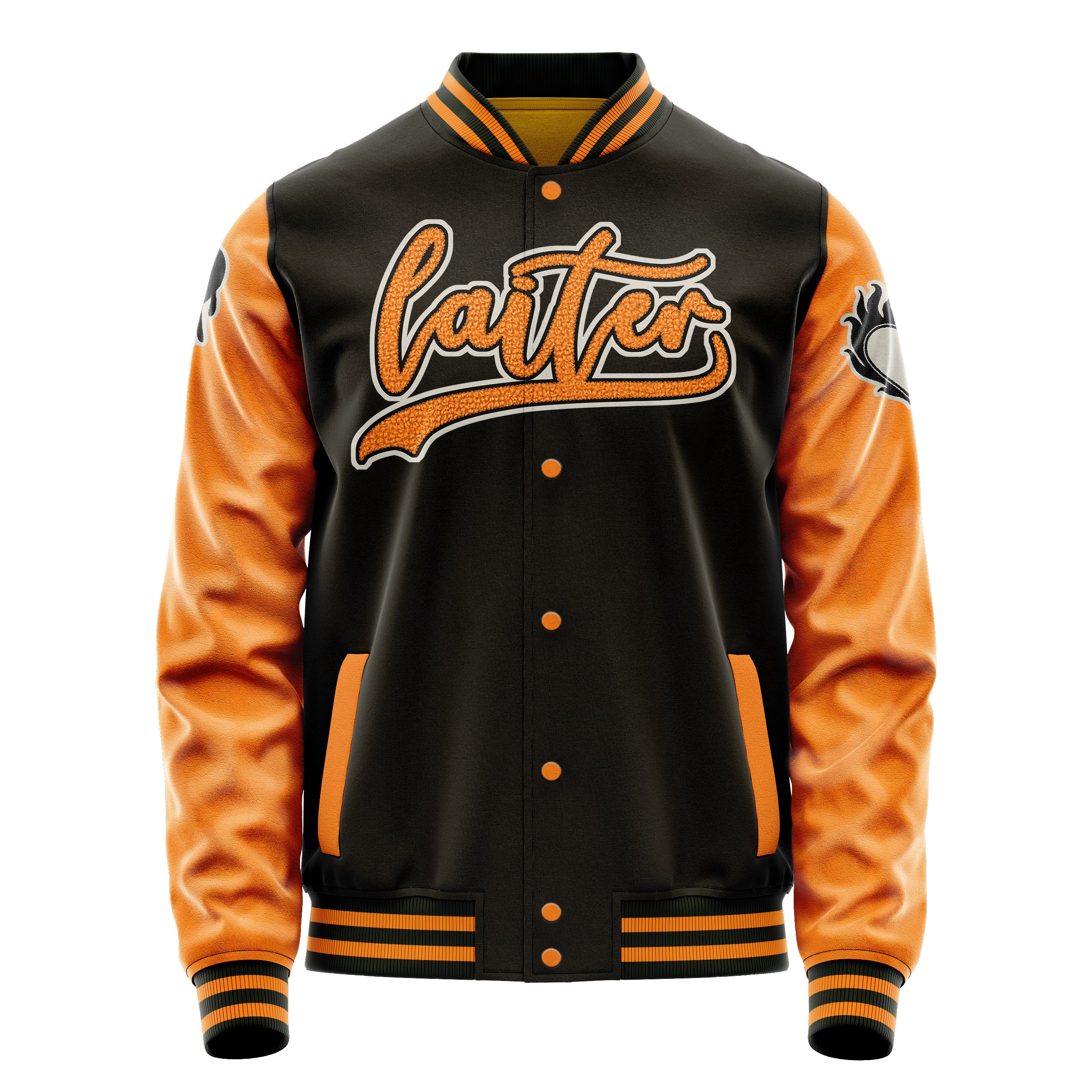 Custom Brown Varsity Jacket Patches Orange Leather Sleeves - dripping heart