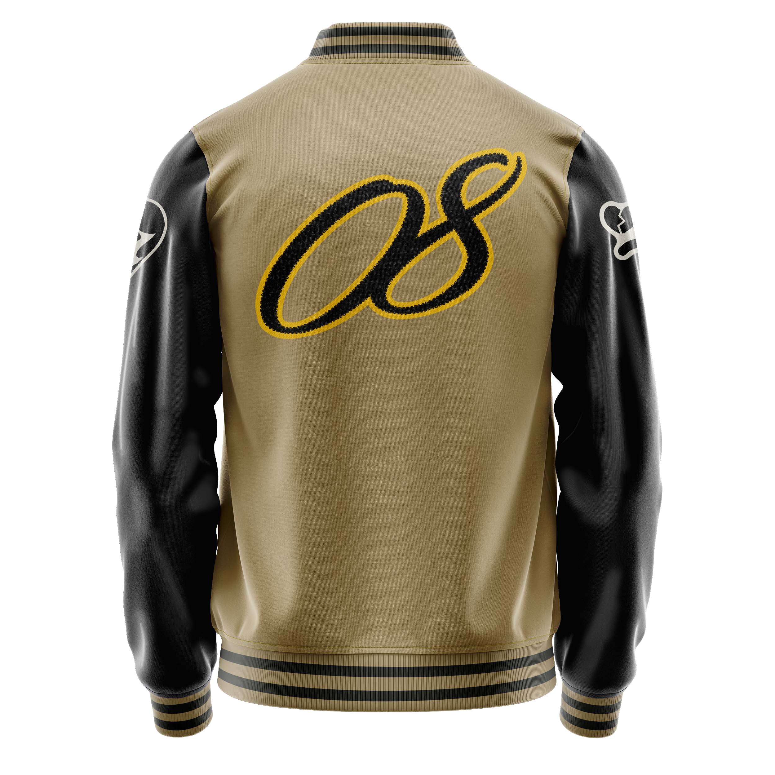 Custom Camel Varsity Jacket Patches Black Leather Sleeves - Not happy