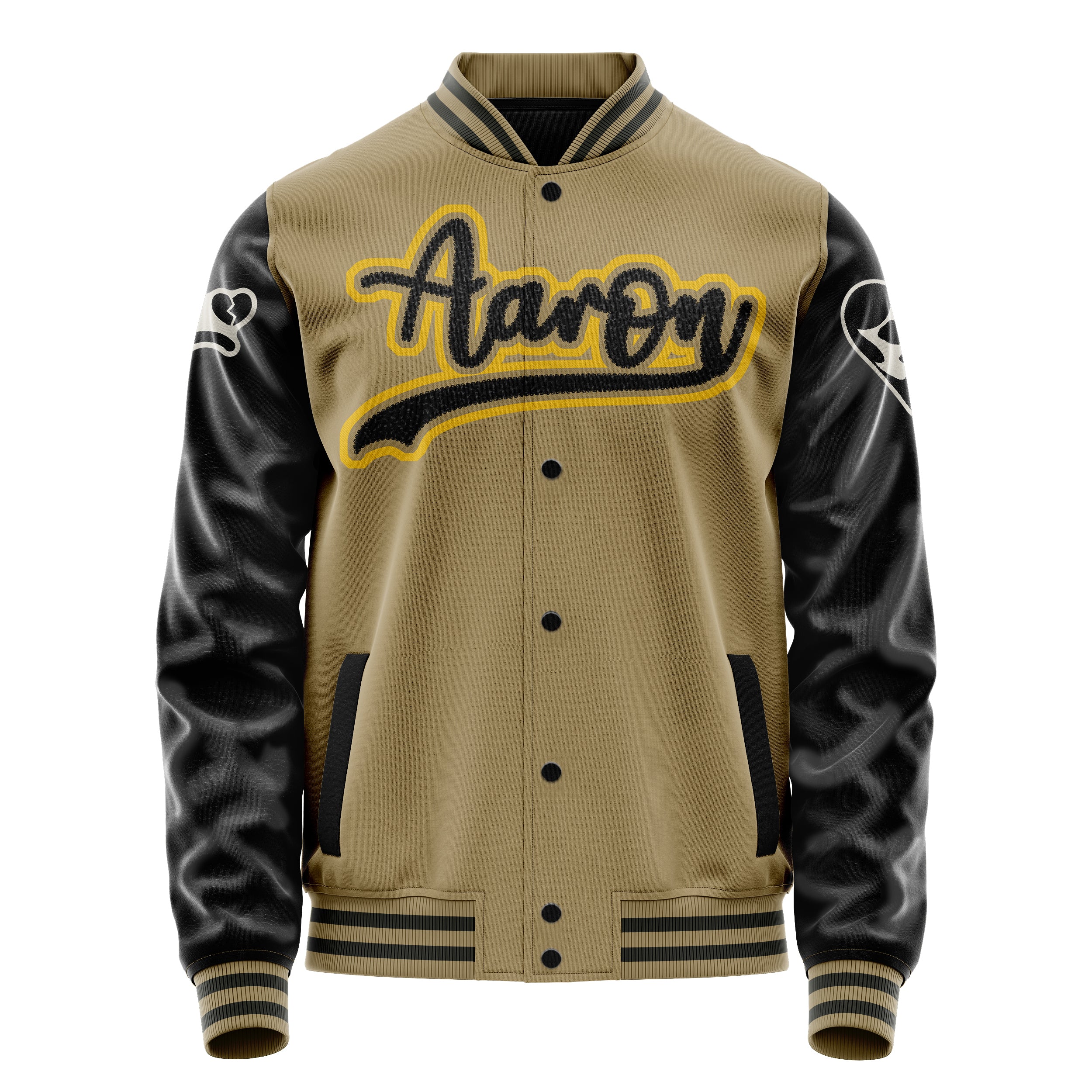 Custom Camel Varsity Jacket Patches Black Leather Sleeves - Not happy