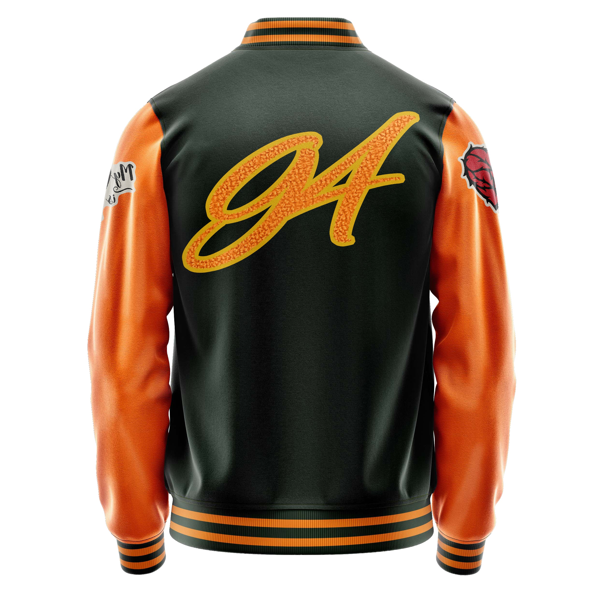 Custom Dark Green Varsity Jacket Patches Orange Leather Sleeves - Heart of thorns