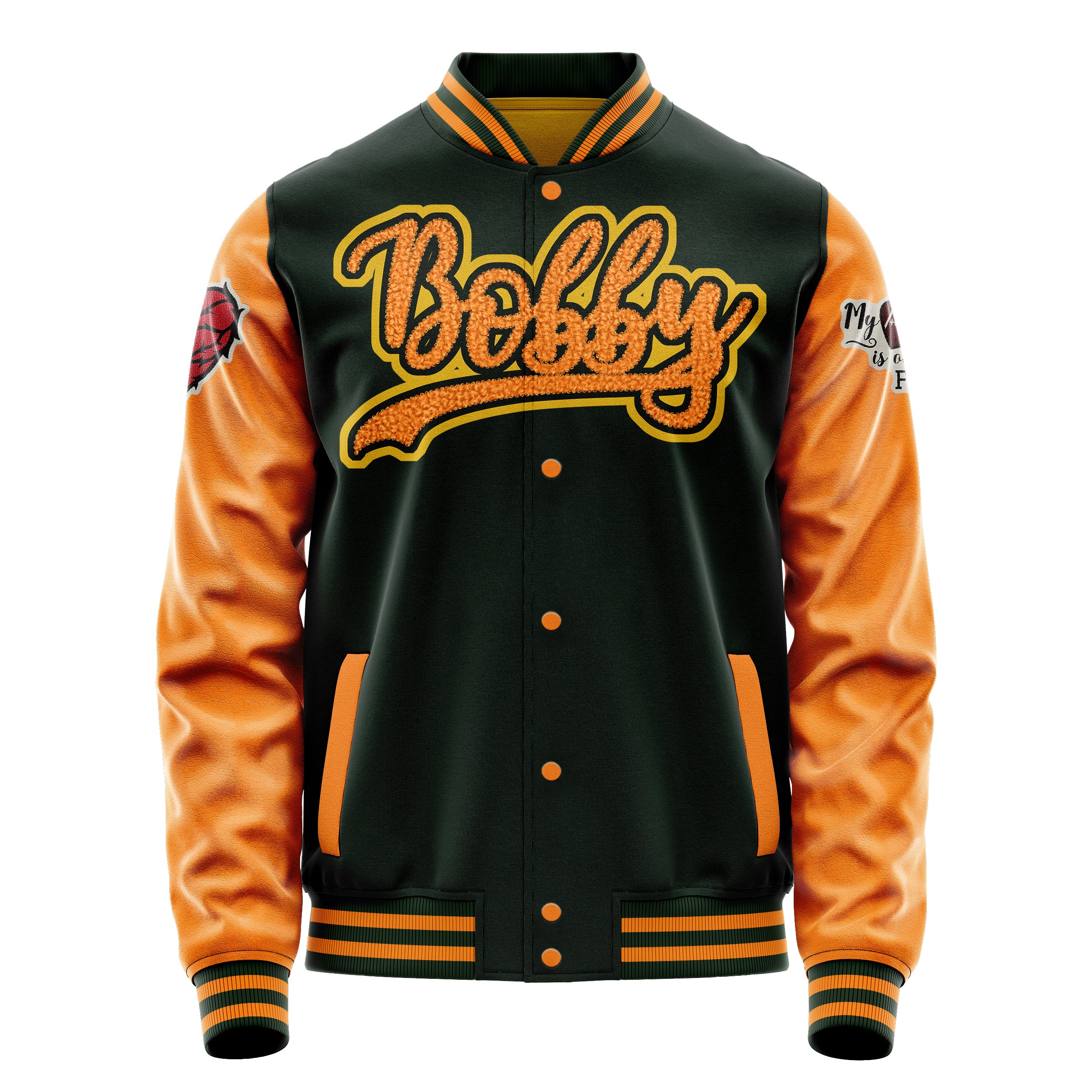 Custom Dark Green Varsity Jacket Patches Orange Leather Sleeves - Heart of thorns