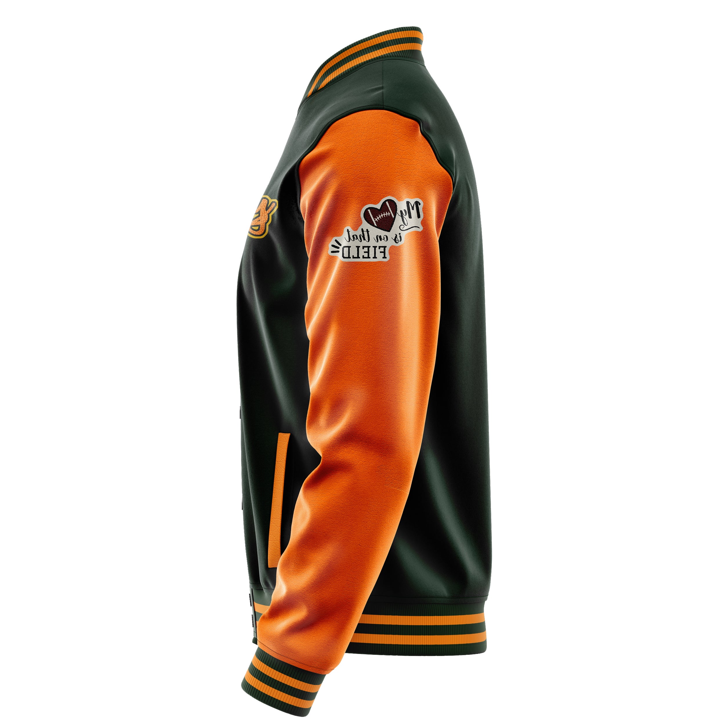 Custom Dark Green Varsity Jacket Patches Orange Leather Sleeves - Heart of thorns