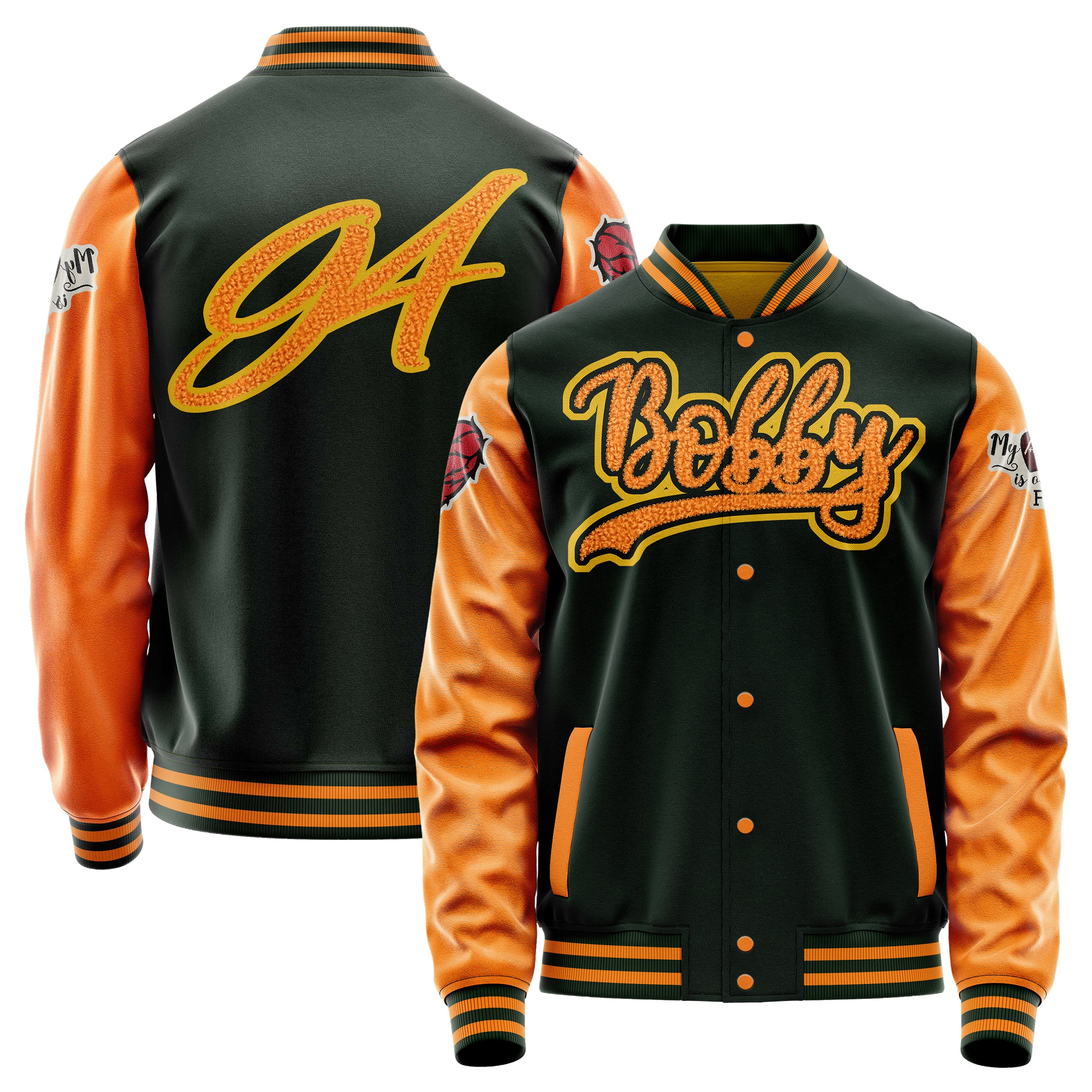 Custom Dark Green Varsity Jacket Patches Orange Leather Sleeves - Heart of thorns