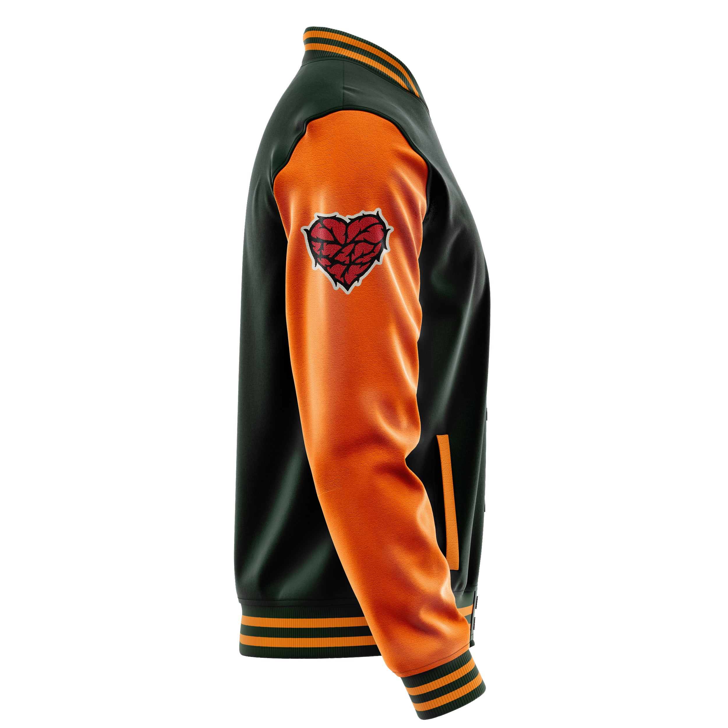 Custom Dark Green Varsity Jacket Patches Orange Leather Sleeves - Heart of thorns