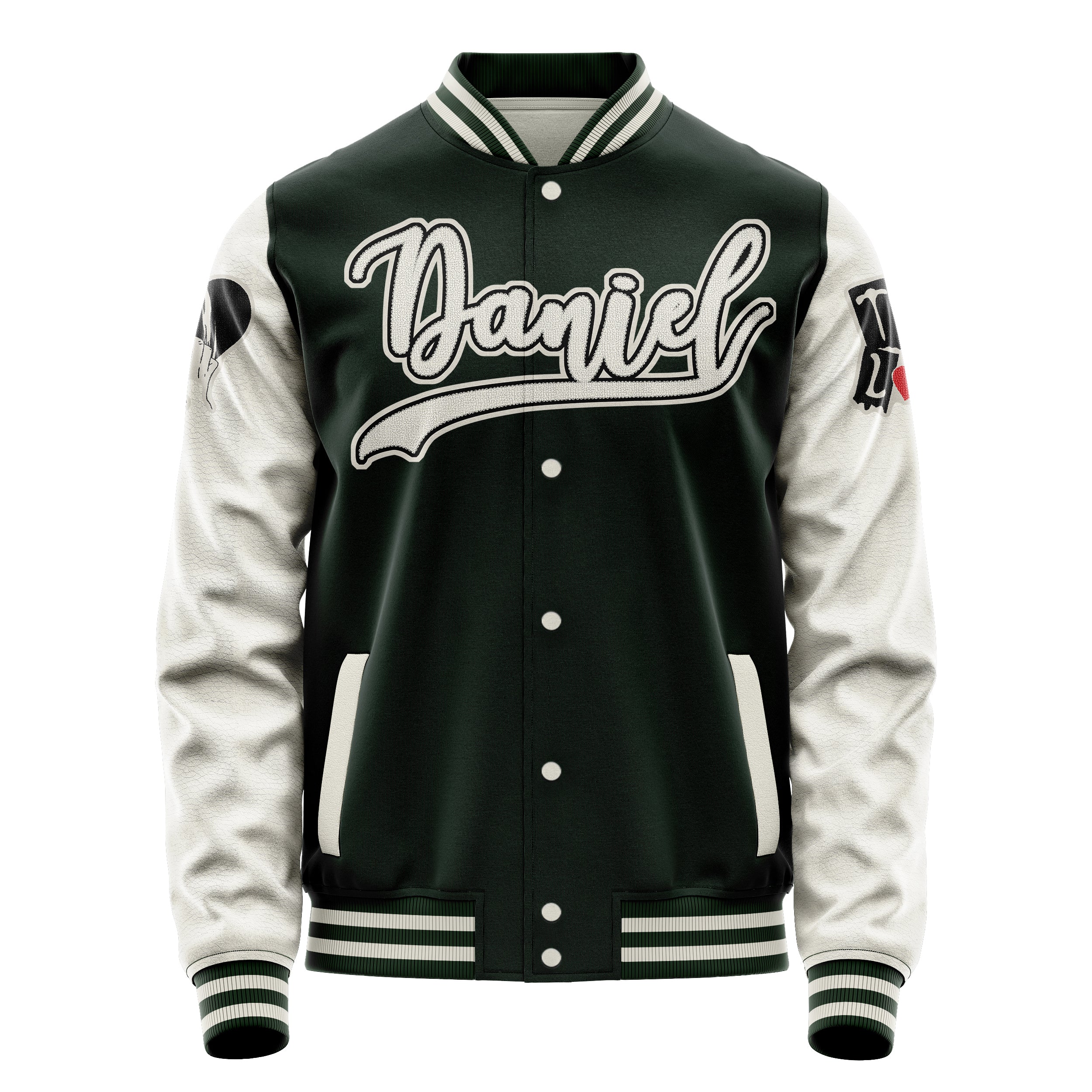 Custom Dark Green Varsity Jacket Patches Beige Leather Sleeves - Hurt the heart