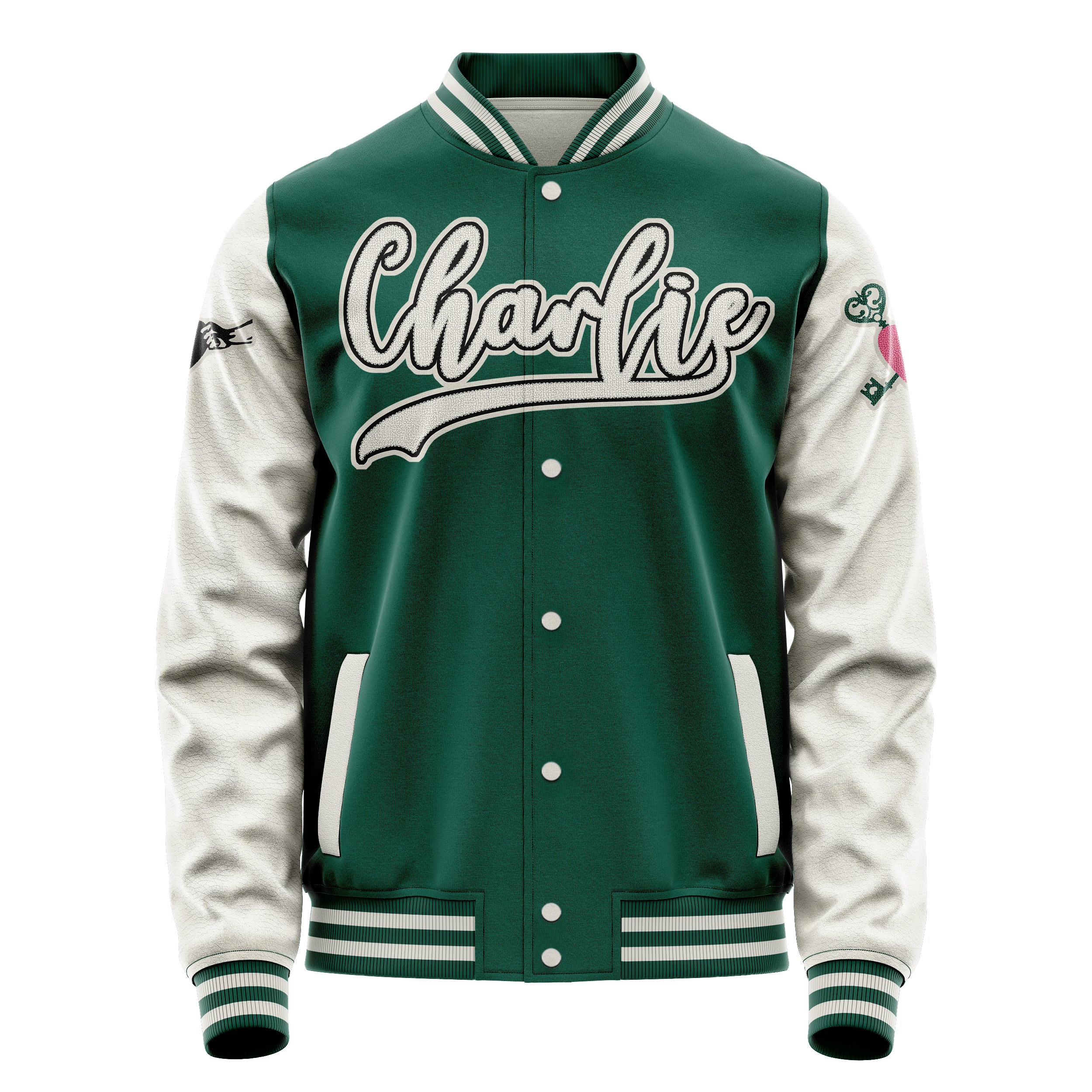 Custom Green Varsity Jacket Patches Beige Leather Sleeves - Open your heart