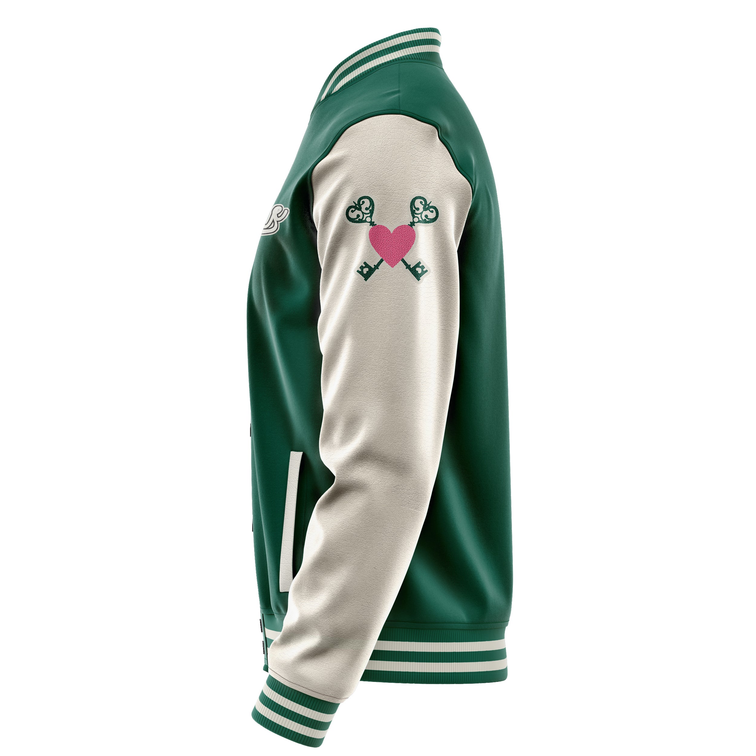 Custom Green Varsity Jacket Patches Beige Leather Sleeves - Open your heart