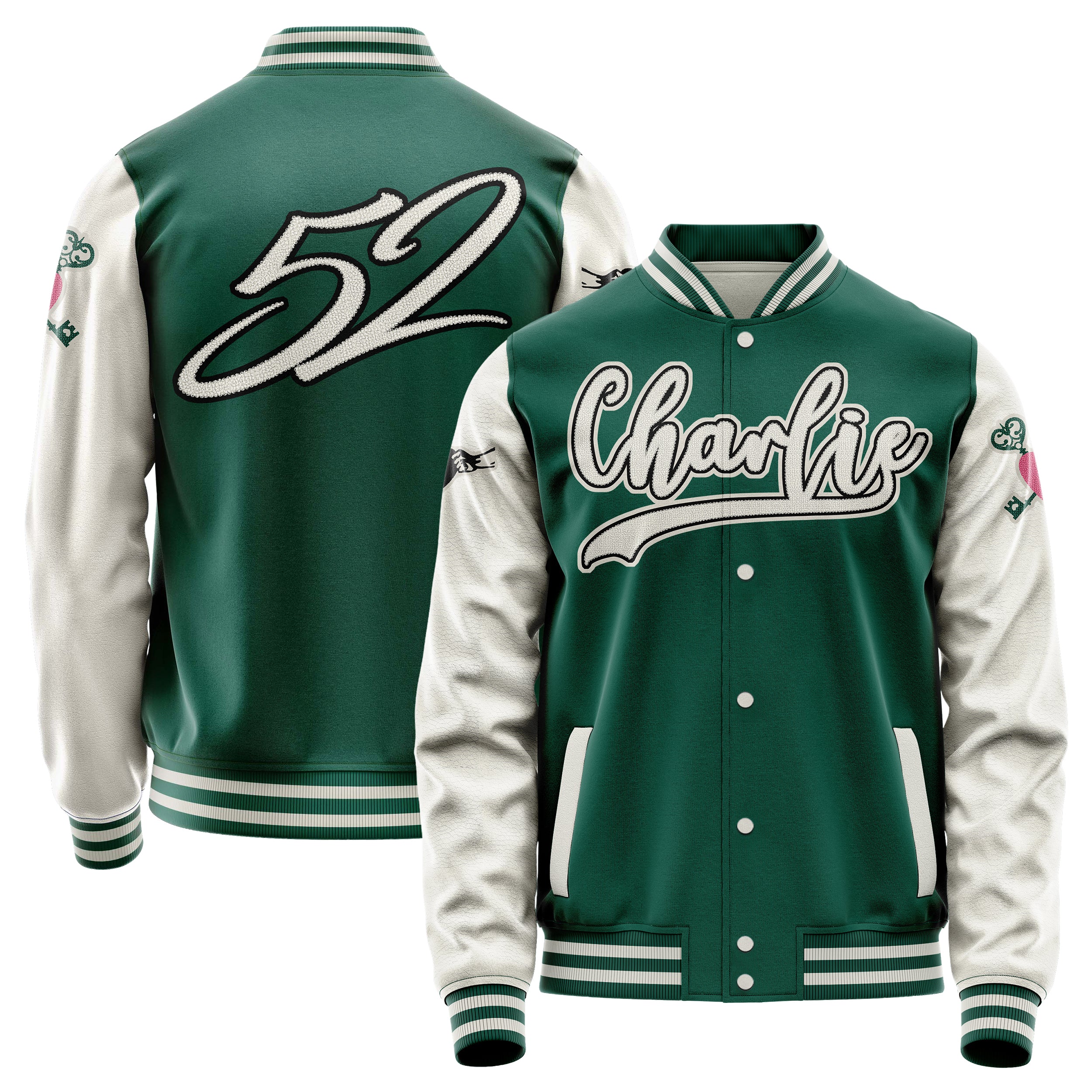 Custom Green Varsity Jacket Patches Beige Leather Sleeves - Open your heart