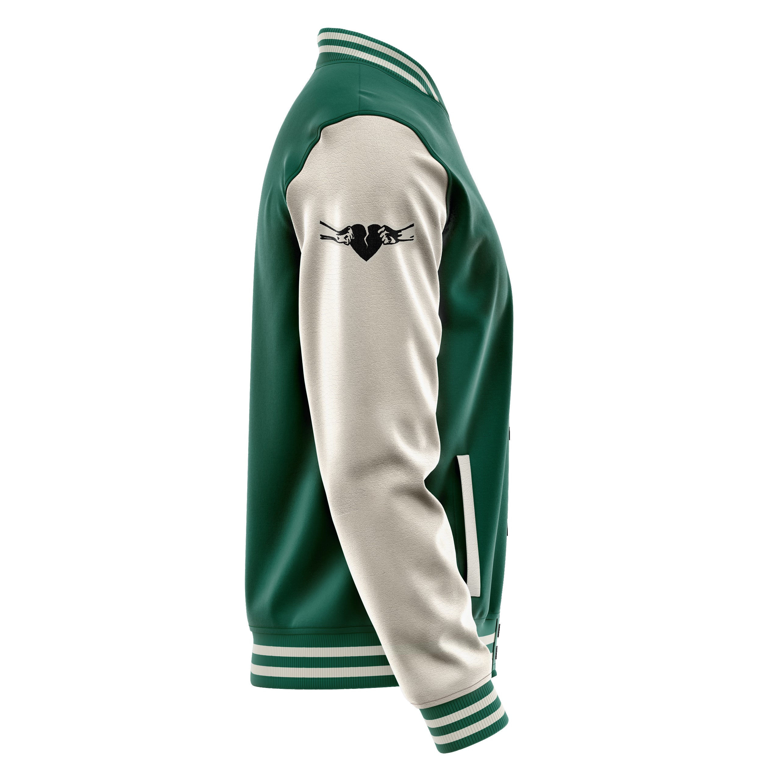 Custom Green Varsity Jacket Patches Beige Leather Sleeves - Open your heart