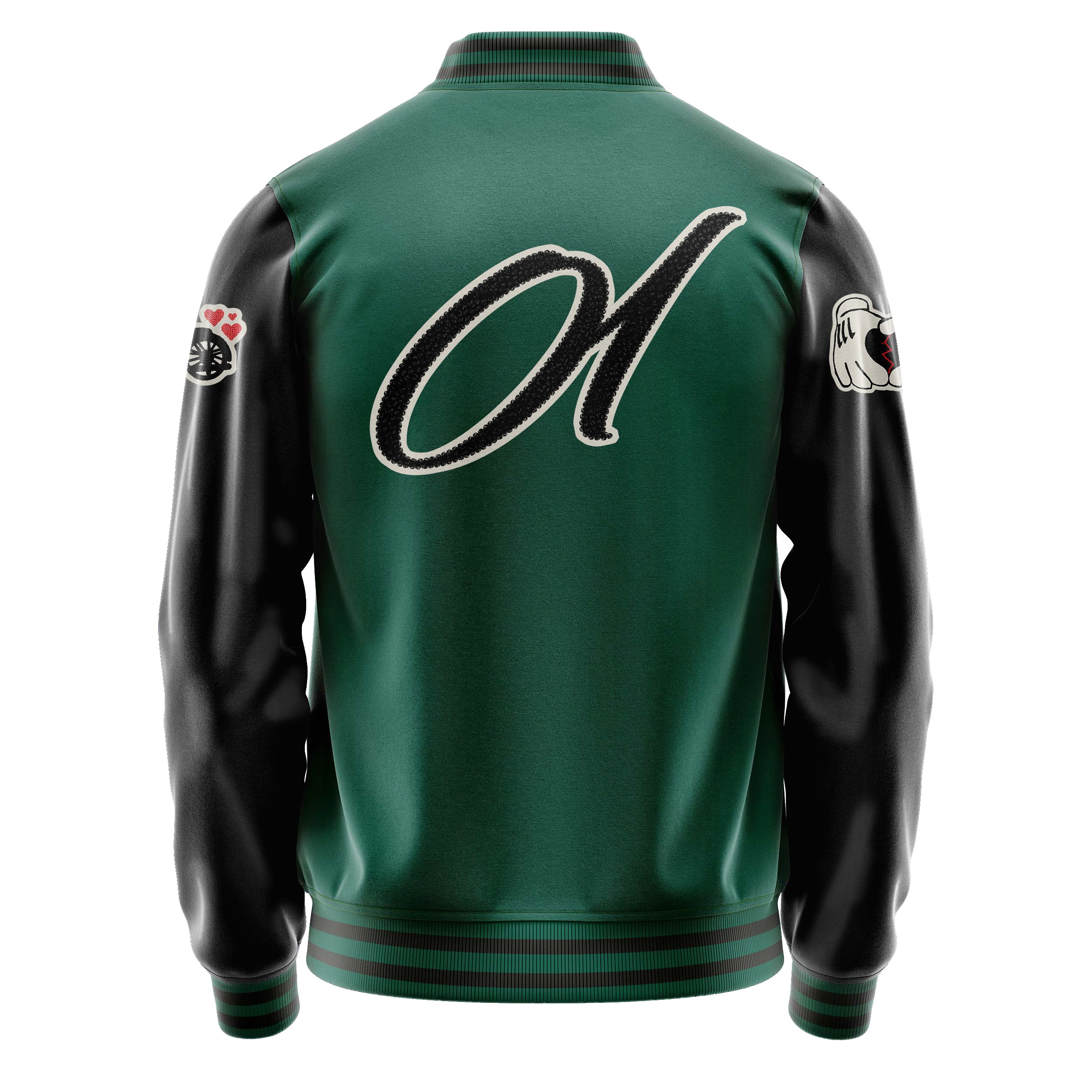 Custom Green Varsity Jacket Patches Black Leather Sleeves - Broken heart
