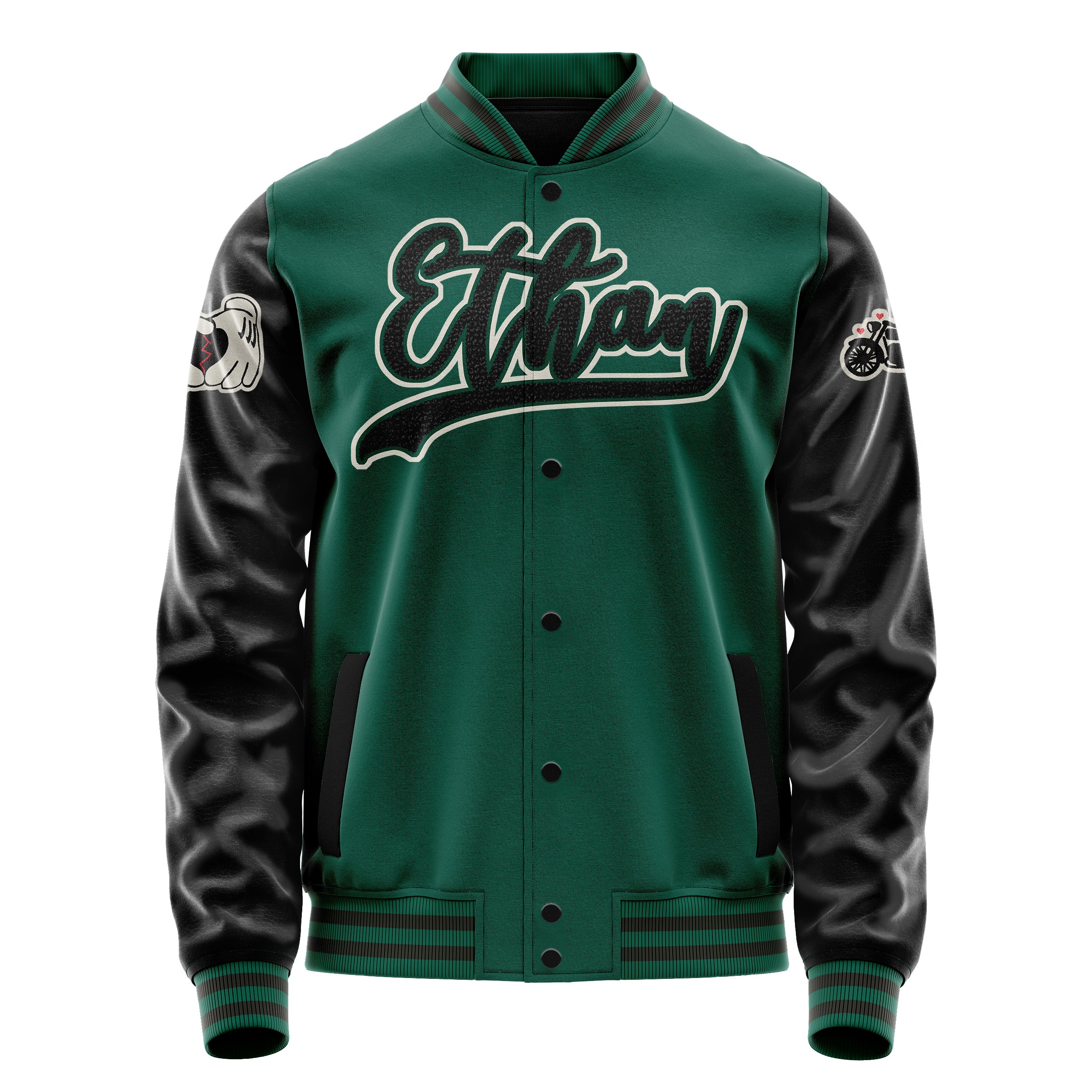 Custom Green Varsity Jacket Patches Black Leather Sleeves - Broken heart