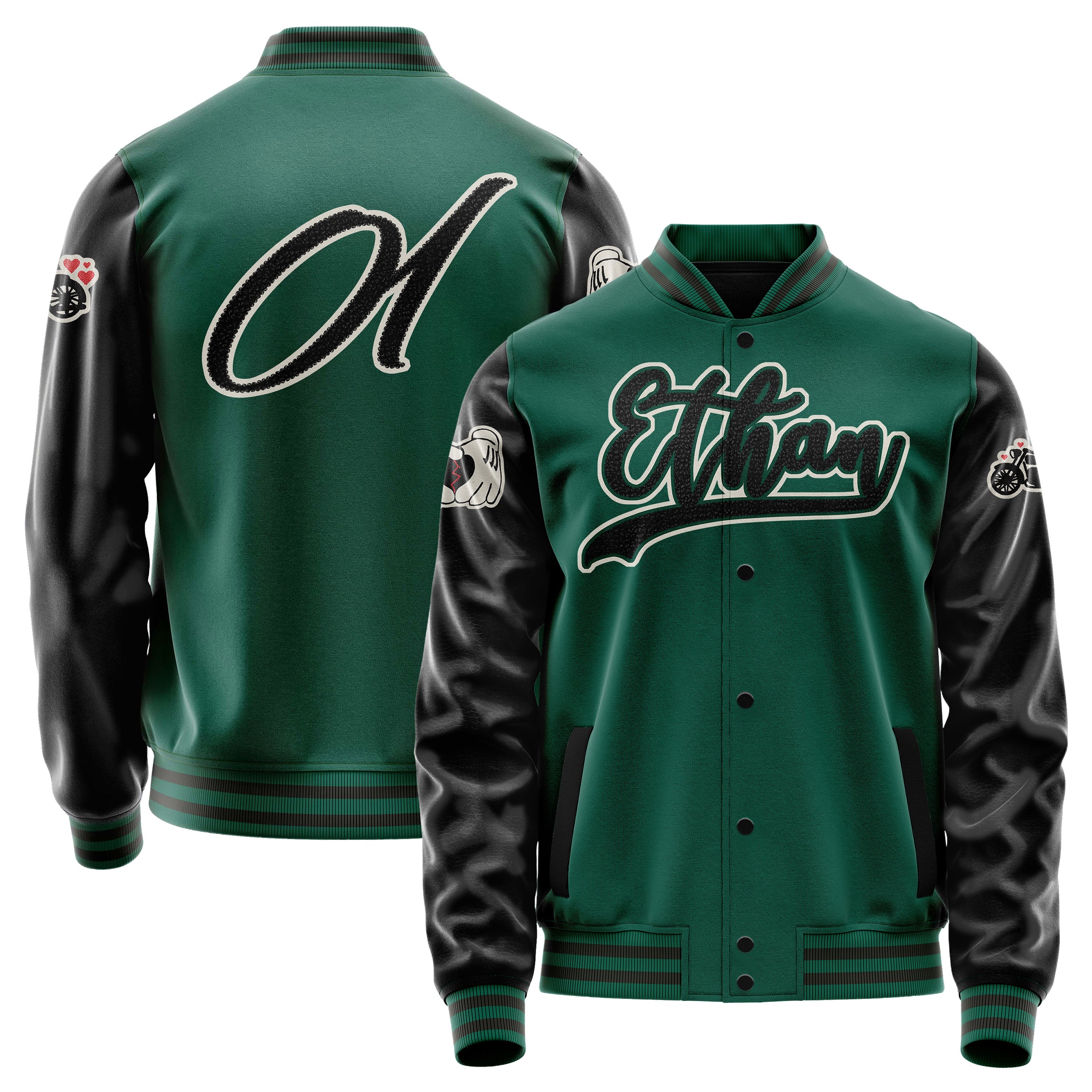 Custom Green Varsity Jacket Patches Black Leather Sleeves - Broken heart