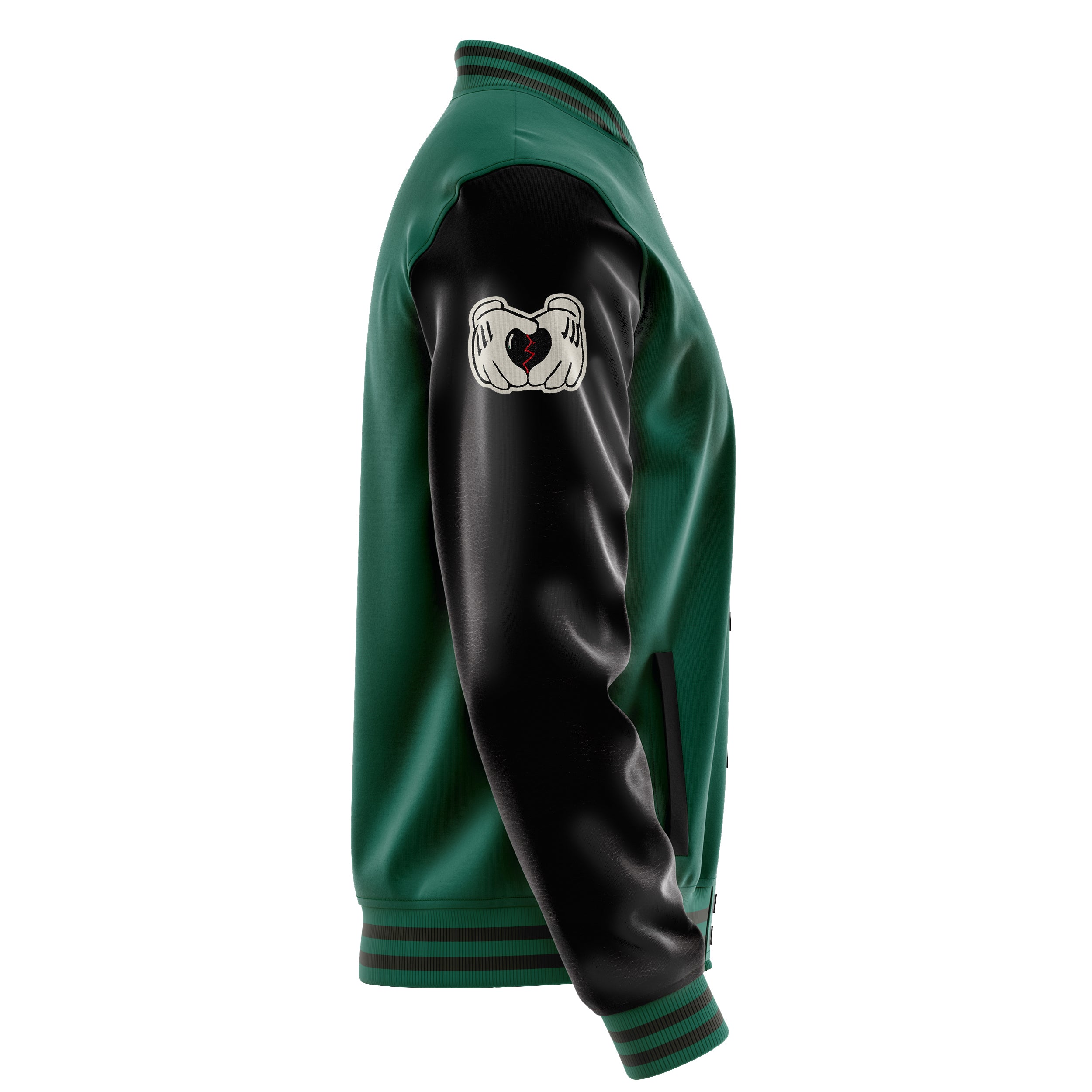 Custom Green Varsity Jacket Patches Black Leather Sleeves - Broken heart