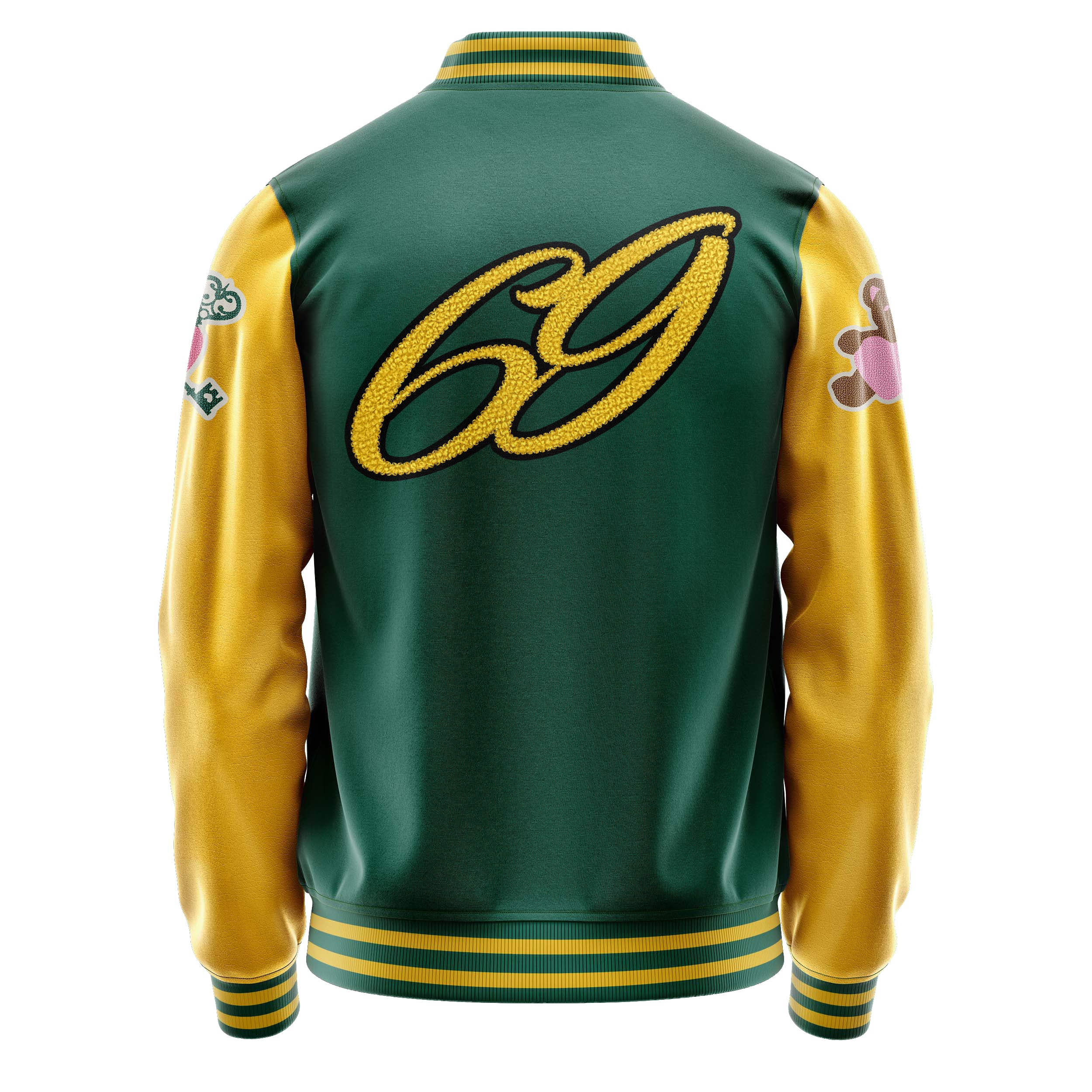 Custom Green Varsity Jacket Patches Egg Yellow Leather Sleeves - Teddy Love Heart