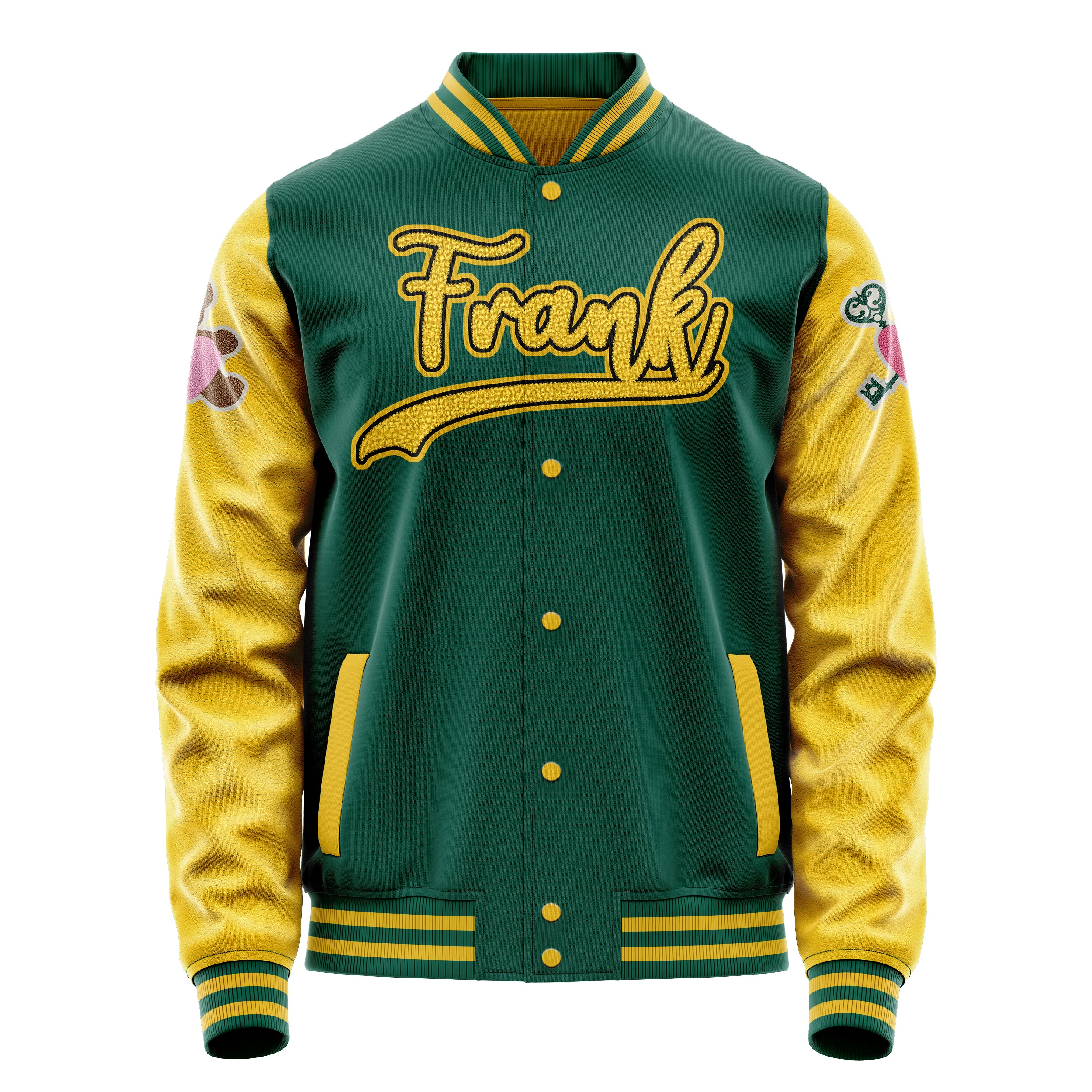 Custom Green Varsity Jacket Patches Egg Yellow Leather Sleeves - Teddy Love Heart