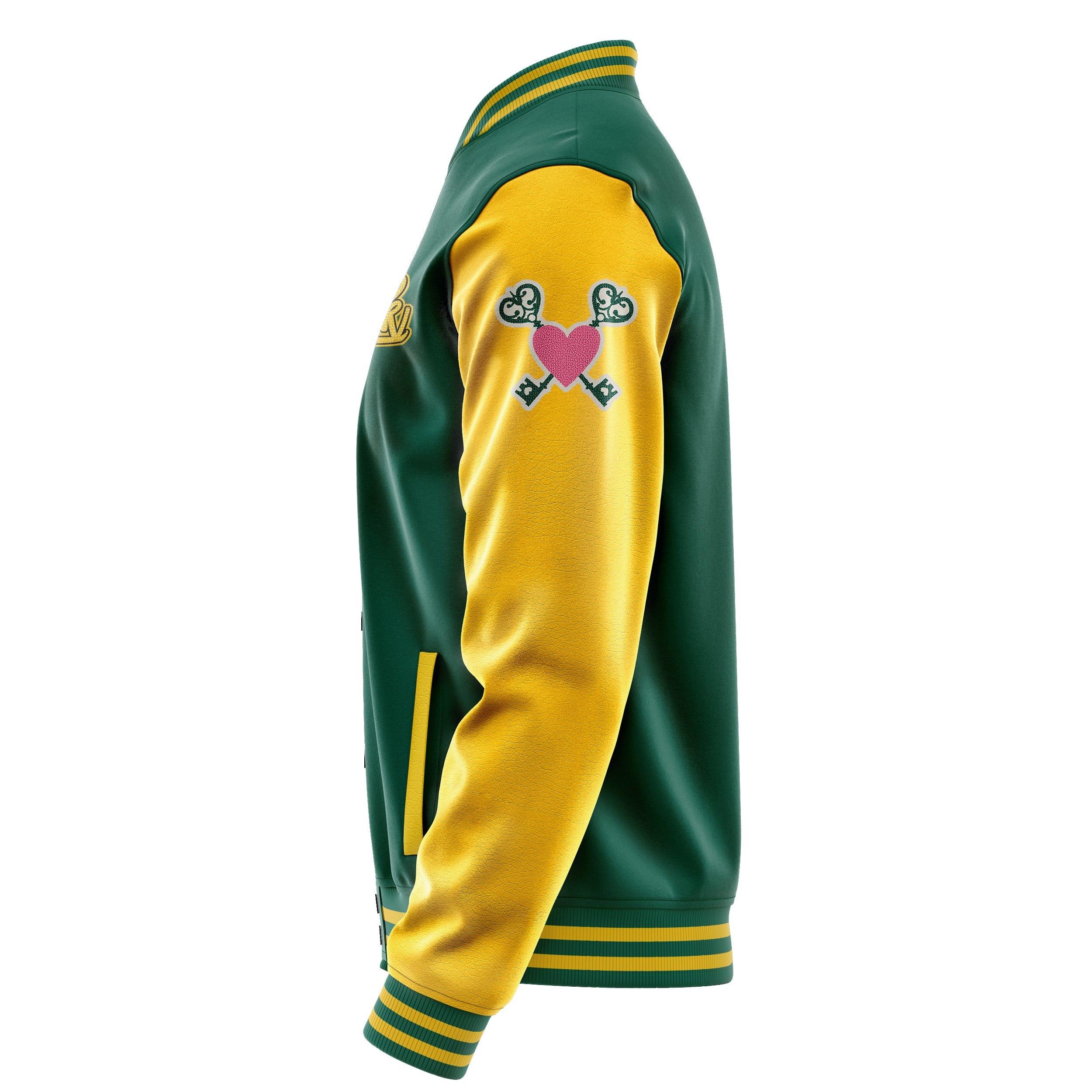 Custom Green Varsity Jacket Patches Egg Yellow Leather Sleeves - Teddy Love Heart