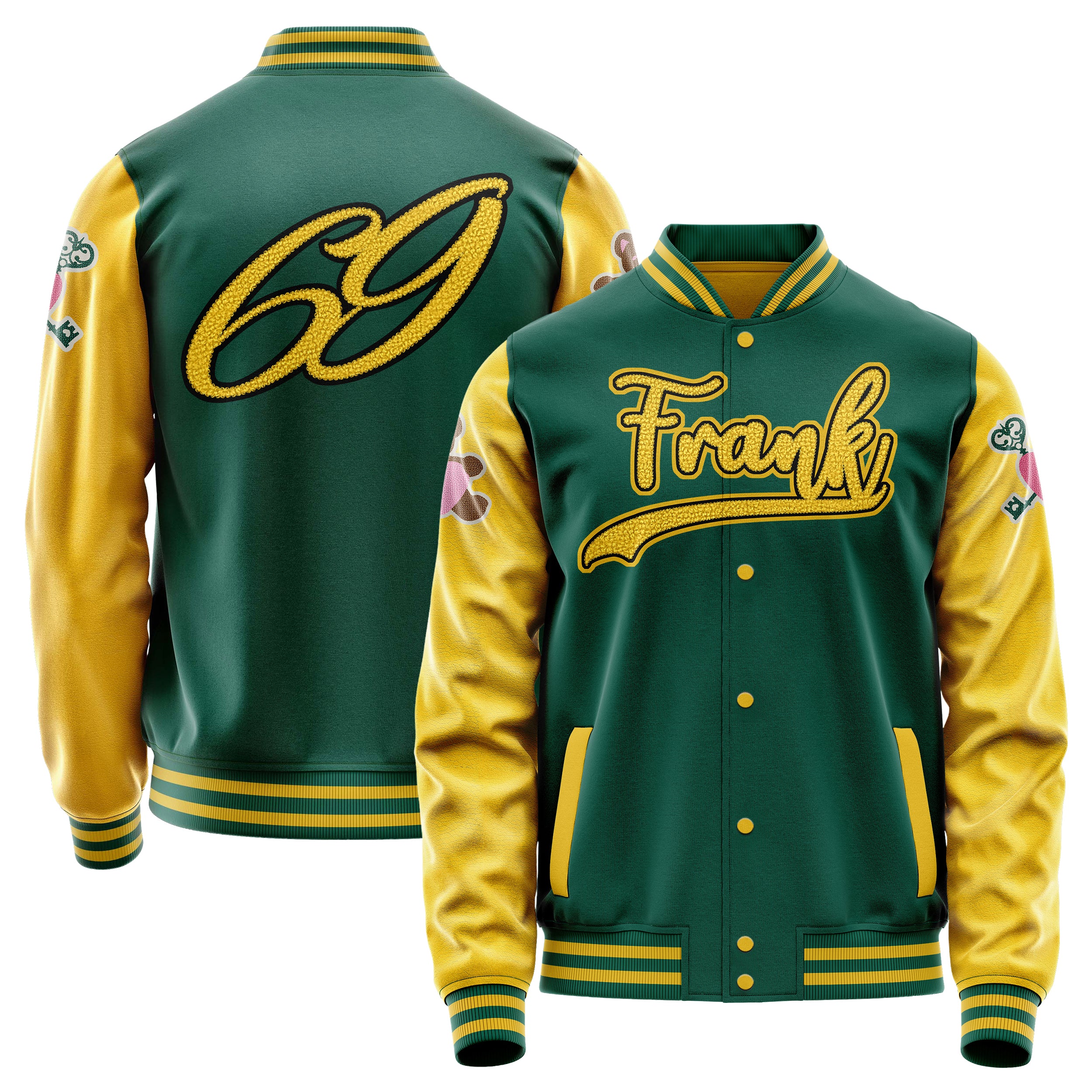 Custom Green Varsity Jacket Patches Egg Yellow Leather Sleeves - Teddy Love Heart