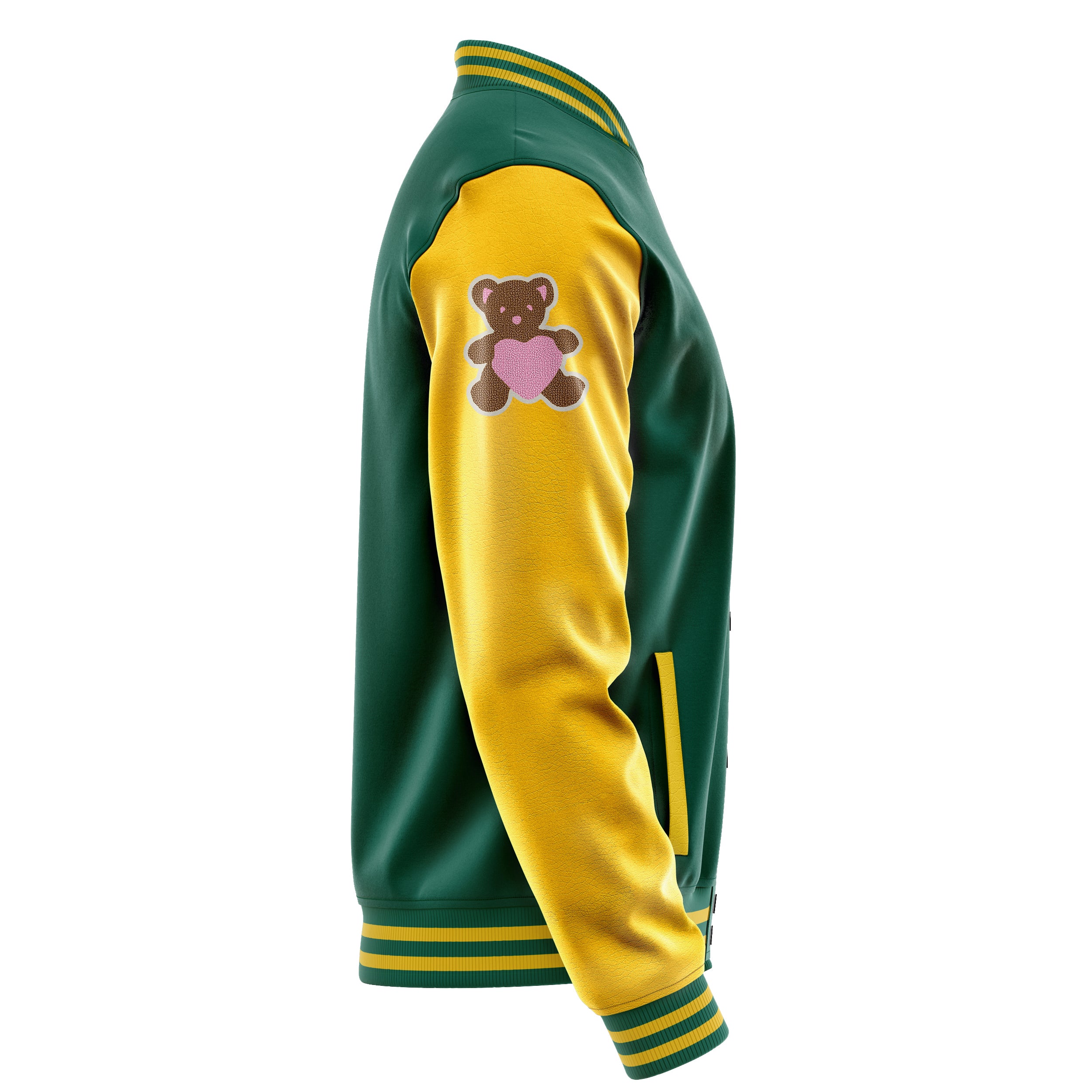 Custom Green Varsity Jacket Patches Egg Yellow Leather Sleeves - Teddy Love Heart