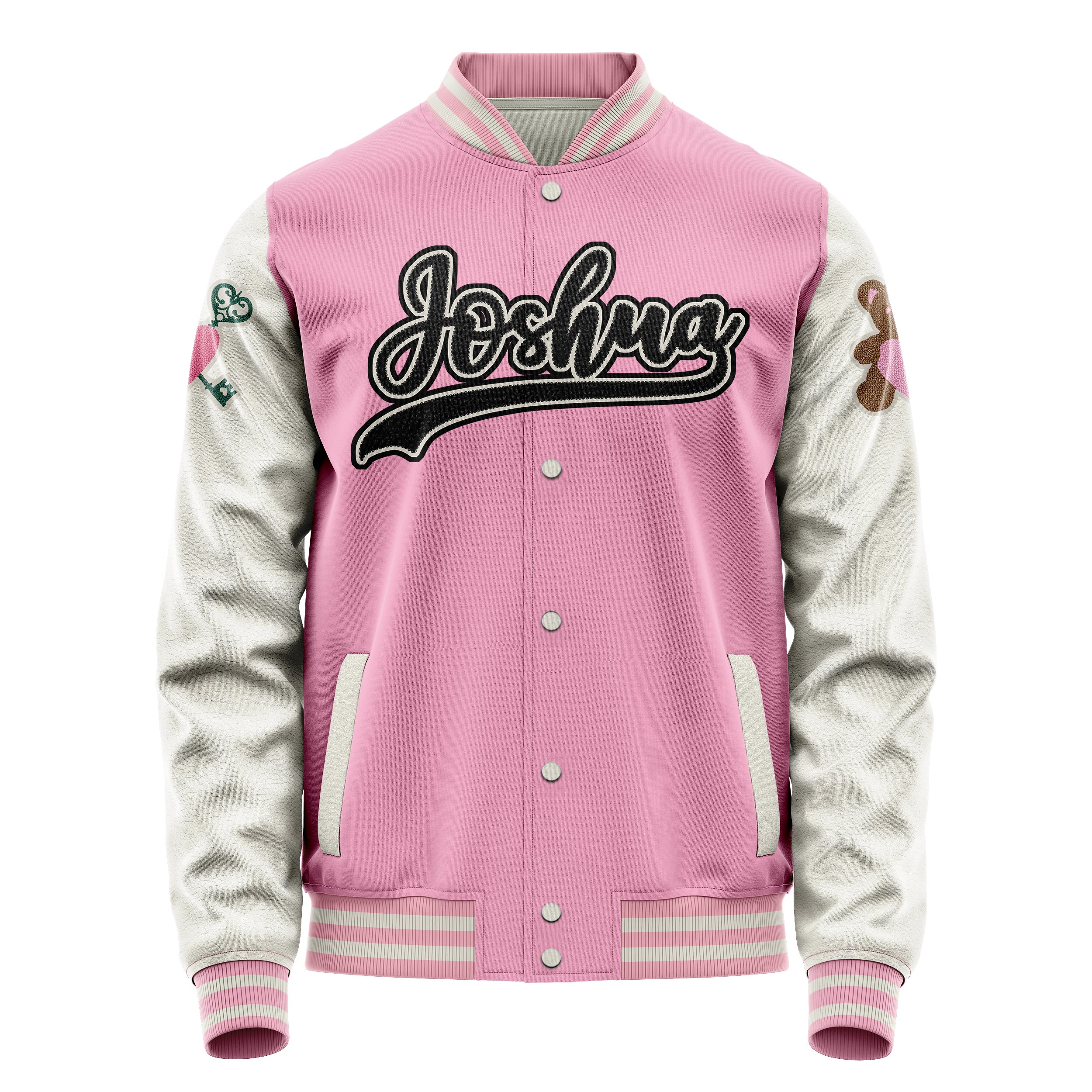 Custom Pink Varsity Jacket Patches Beige Leather Sleeves - Teddy Love Heart