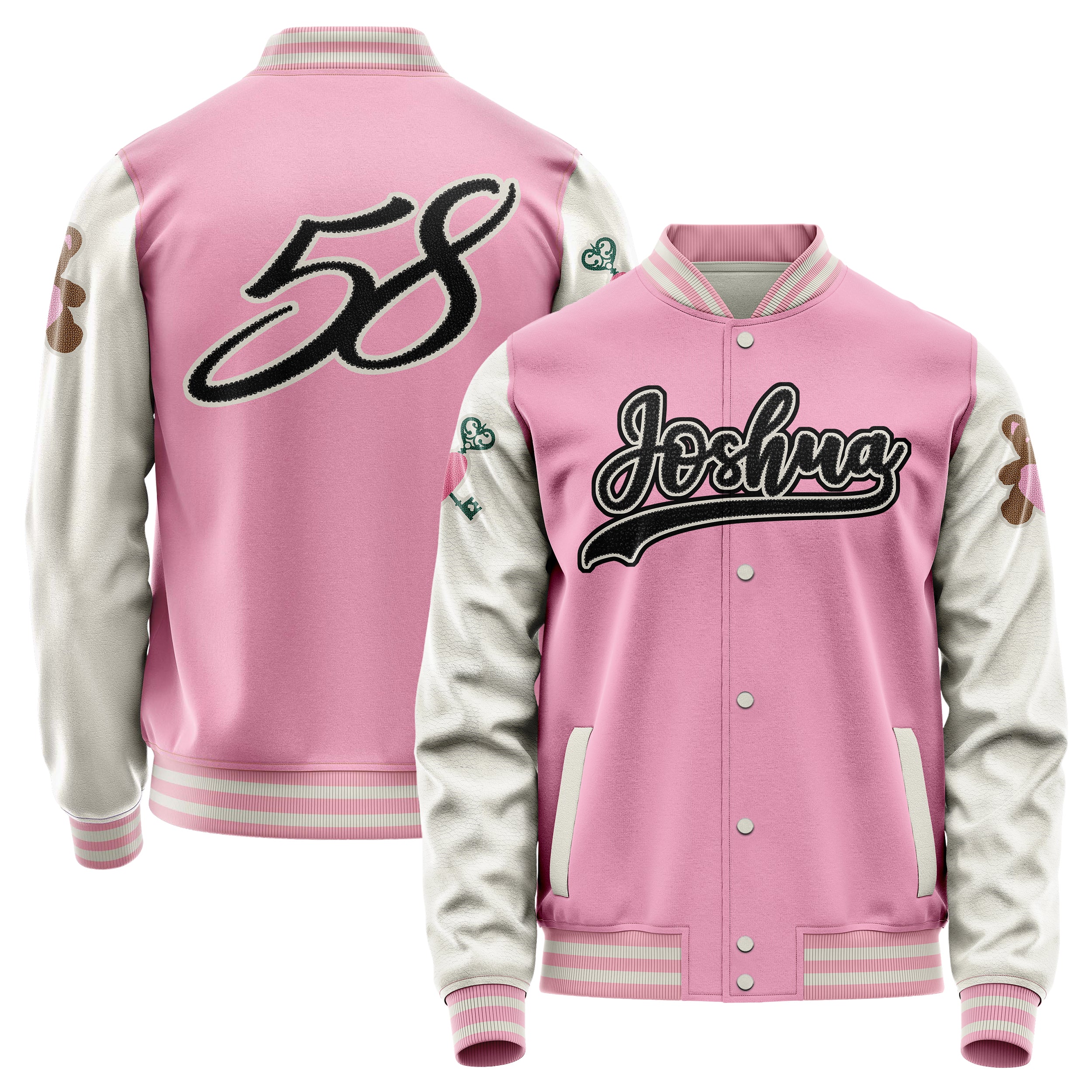 Custom Pink Varsity Jacket Patches Beige Leather Sleeves - Teddy Love Heart