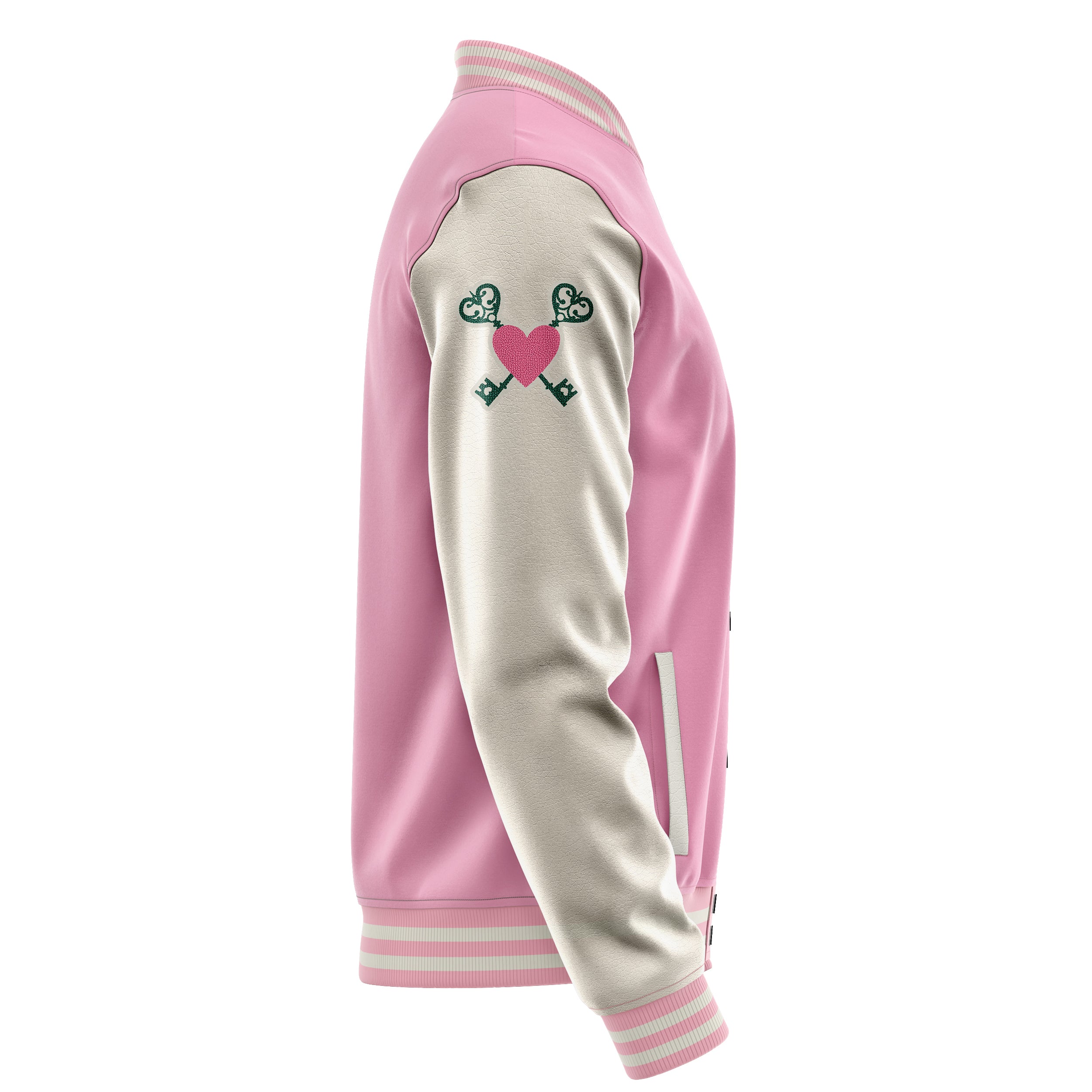 Custom Pink Varsity Jacket Patches Beige Leather Sleeves - Teddy Love Heart
