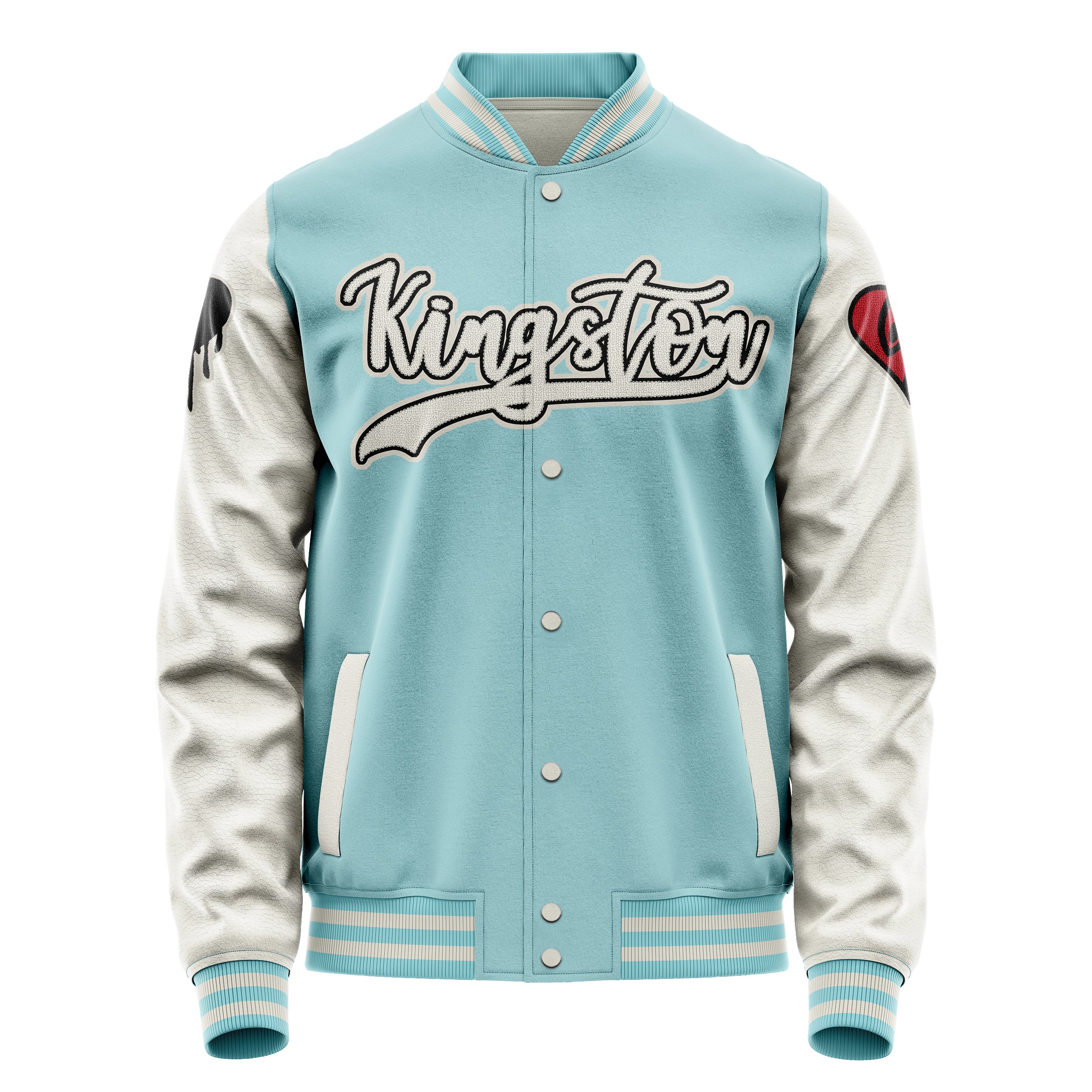 Custom Light Blue Varsity Jacket Patches Beige Leather Sleeves - dripping heart