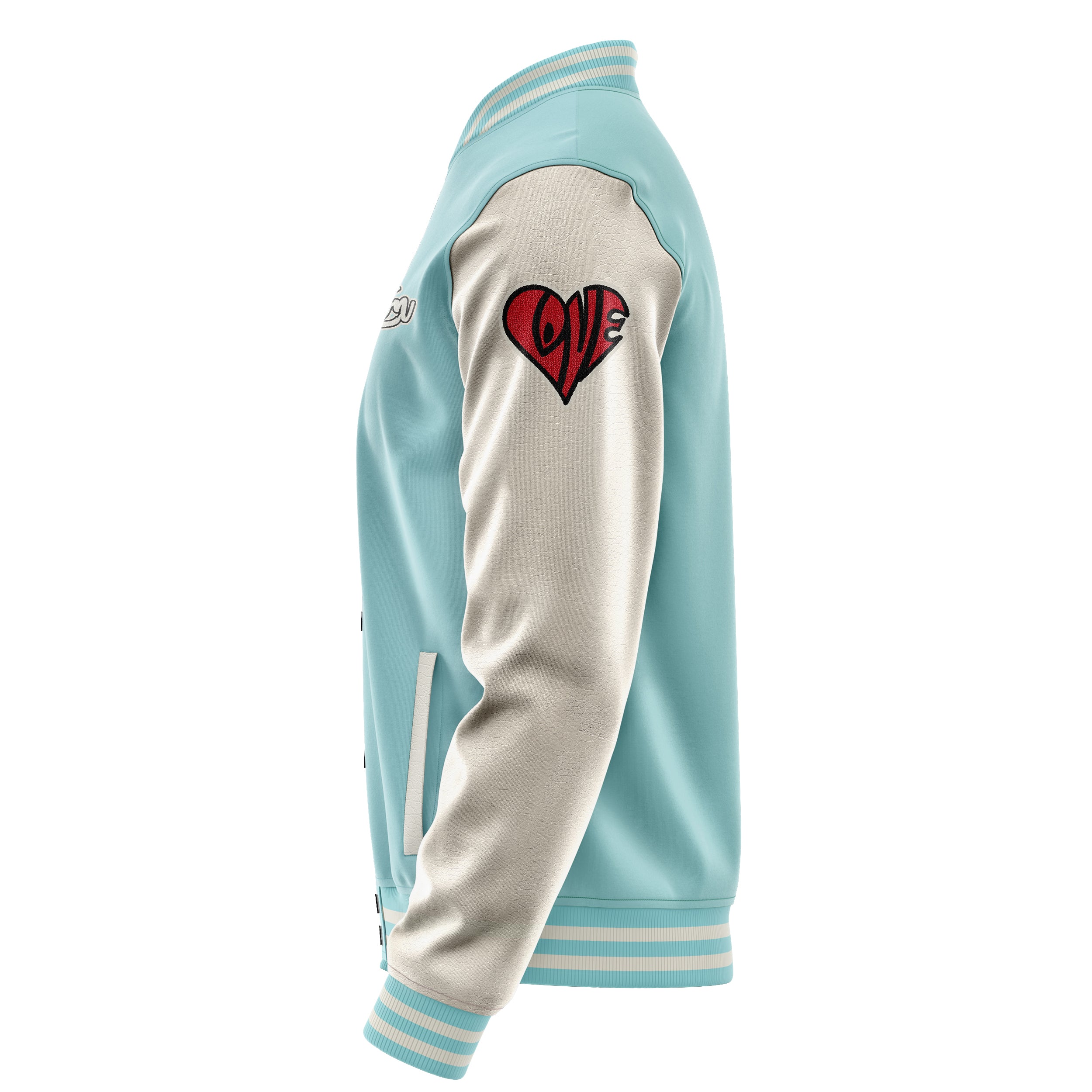 Custom Light Blue Varsity Jacket Patches Beige Leather Sleeves - dripping heart