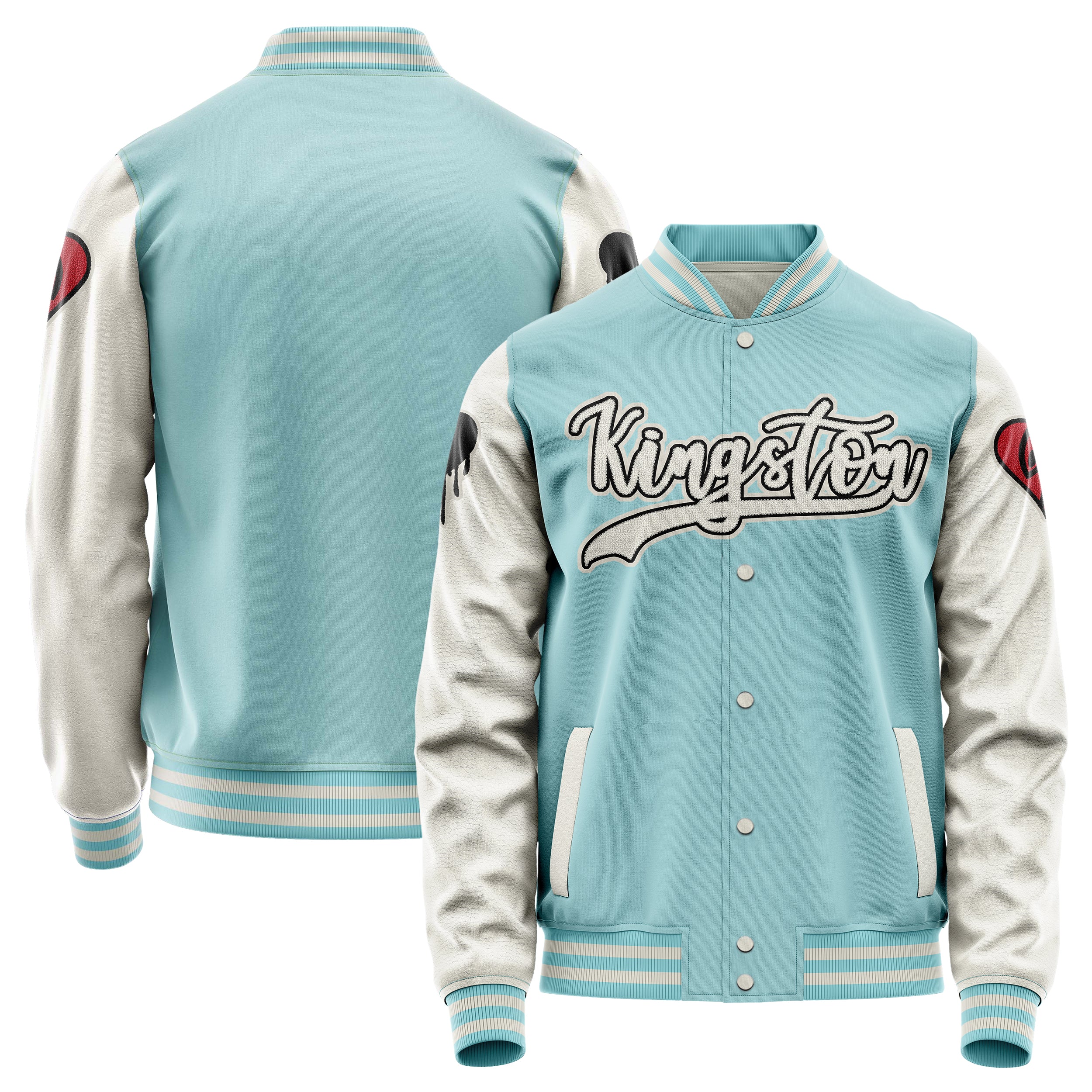 Custom Light Blue Varsity Jacket Patches Beige Leather Sleeves - dripping heart