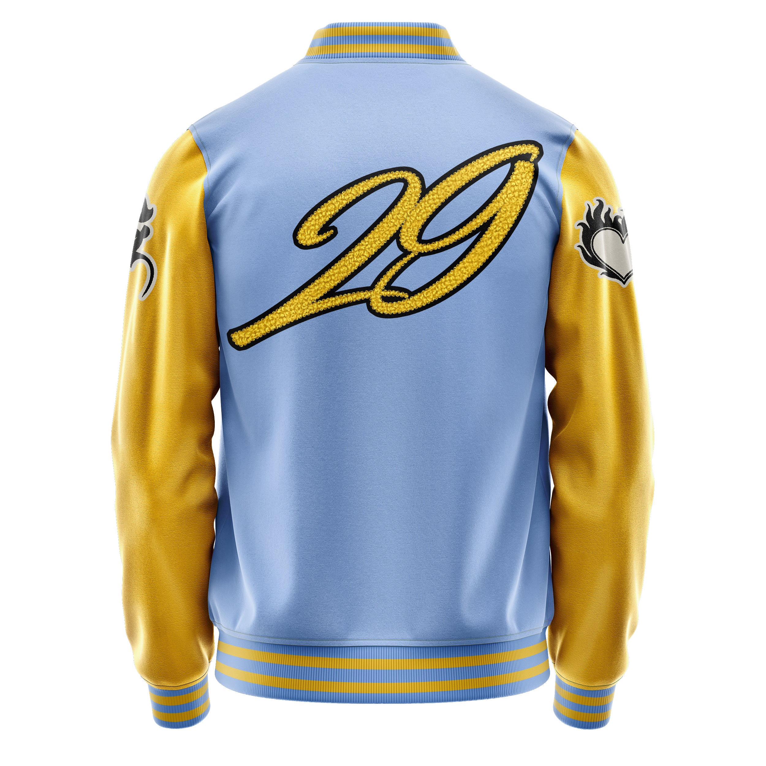 Custom Sky Blue Varsity Jacket Patches Egg Yellow Leather Sleeves - Heart Fire