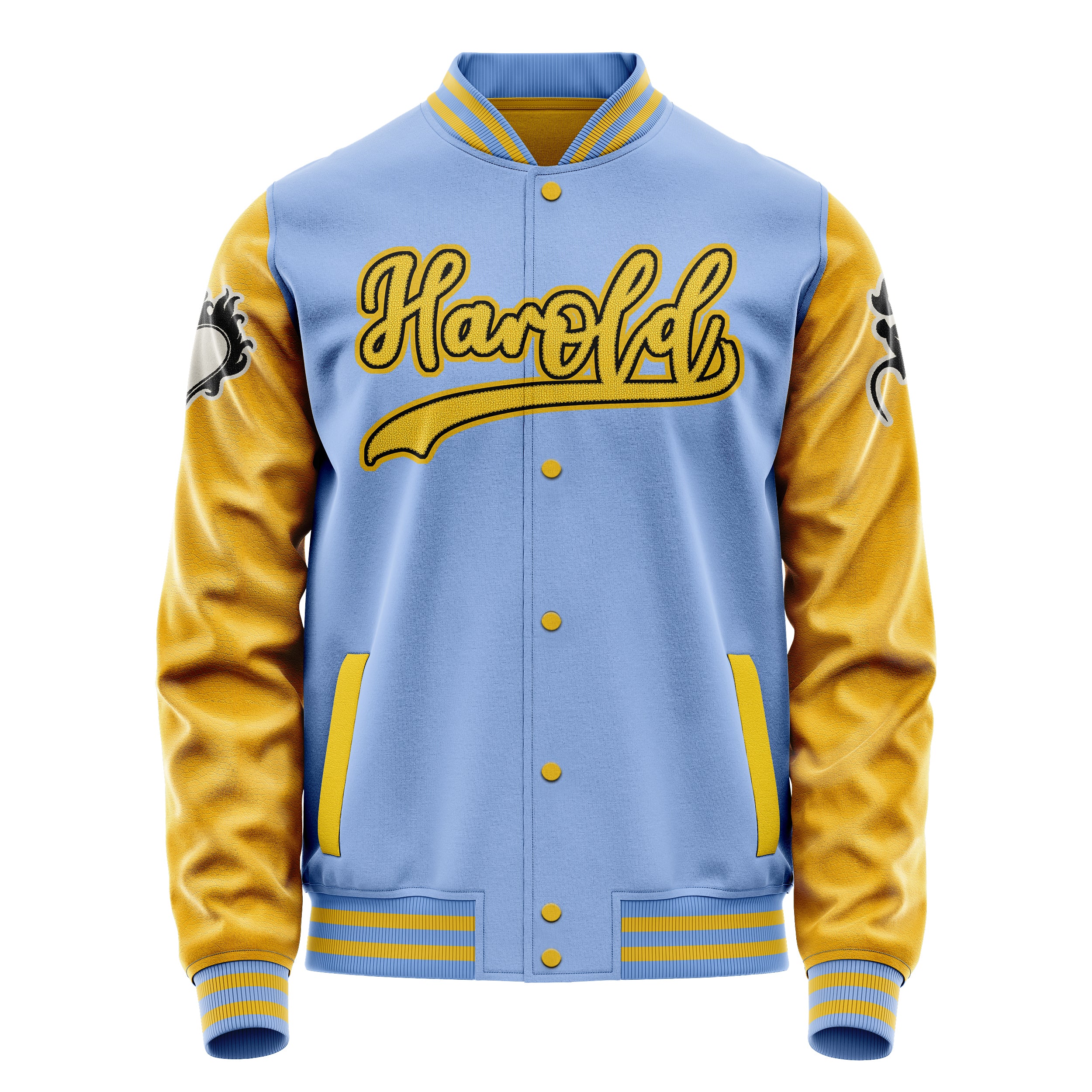 Custom Sky Blue Varsity Jacket Patches Egg Yellow Leather Sleeves - Heart Fire