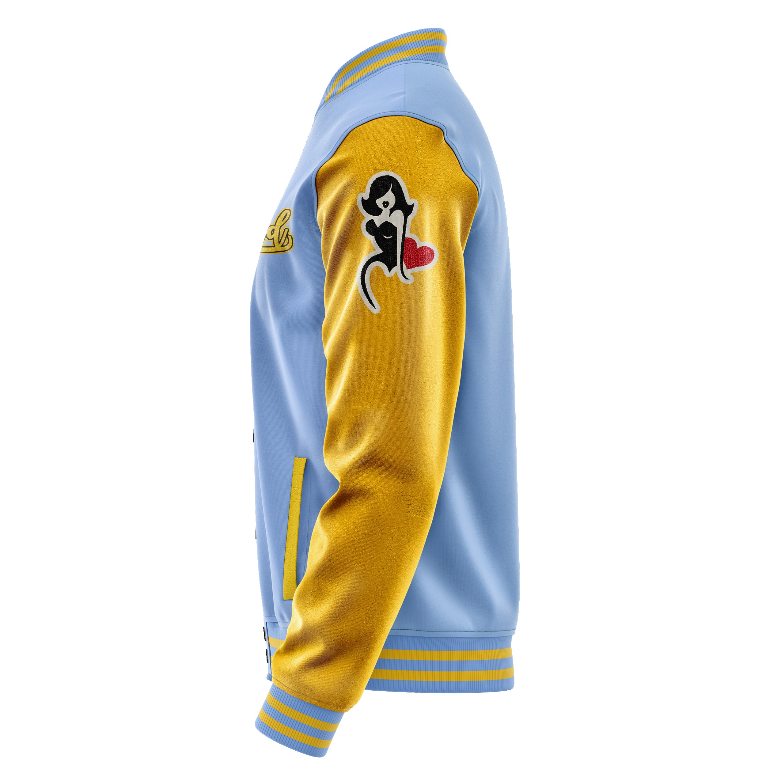 Custom Sky Blue Varsity Jacket Patches Egg Yellow Leather Sleeves - Heart Fire