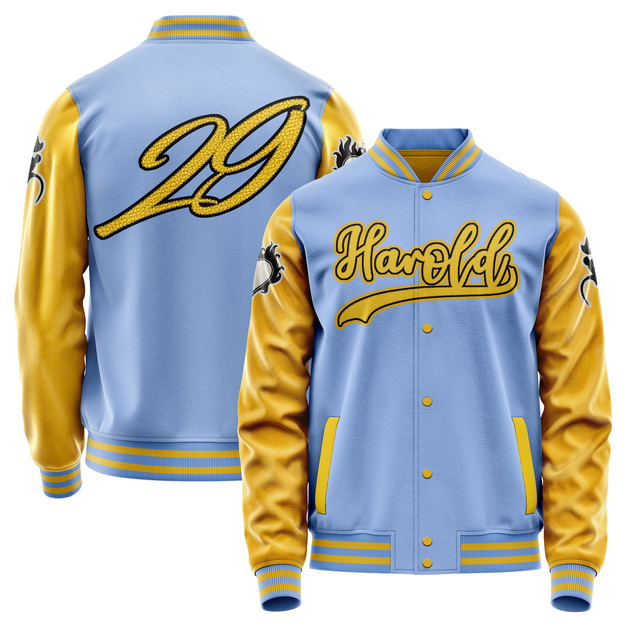 Custom Sky Blue Varsity Jacket Patches Egg Yellow Leather Sleeves - Heart Fire