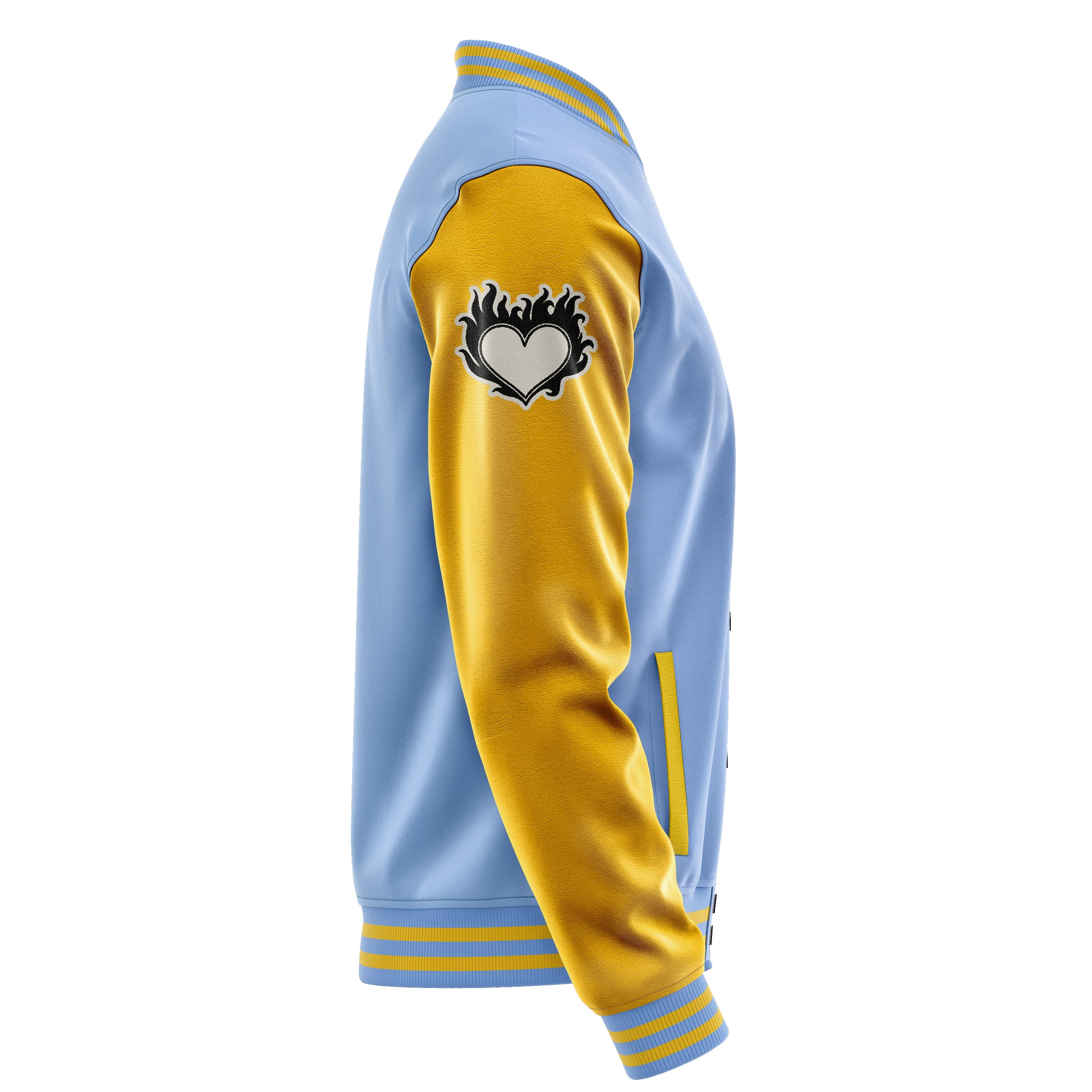 Custom Sky Blue Varsity Jacket Patches Egg Yellow Leather Sleeves - Heart Fire