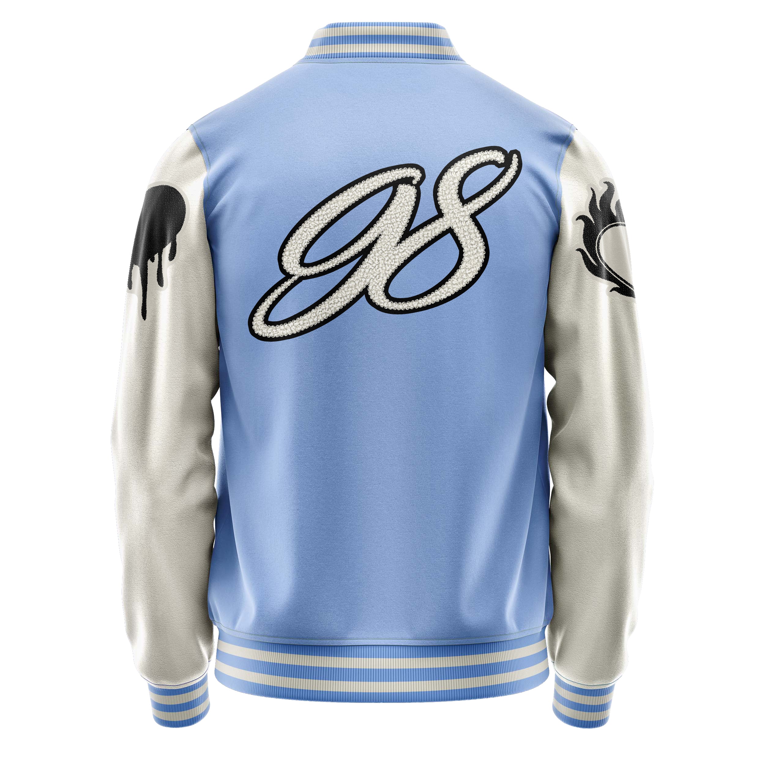 Custom Sky Blue Varsity Jacket Patches Beige Leather Sleeves - dripping heart