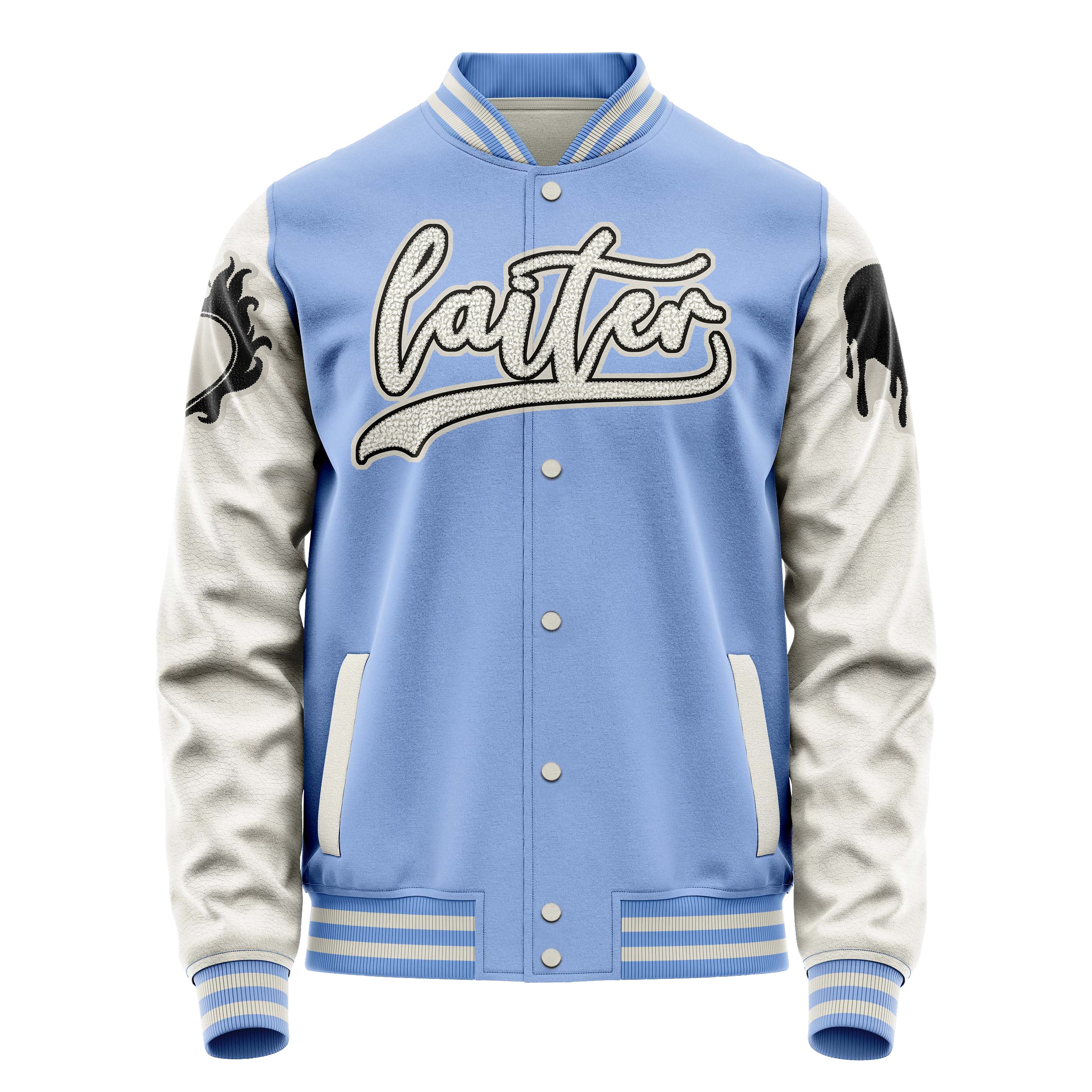 Custom Sky Blue Varsity Jacket Patches Beige Leather Sleeves - dripping heart