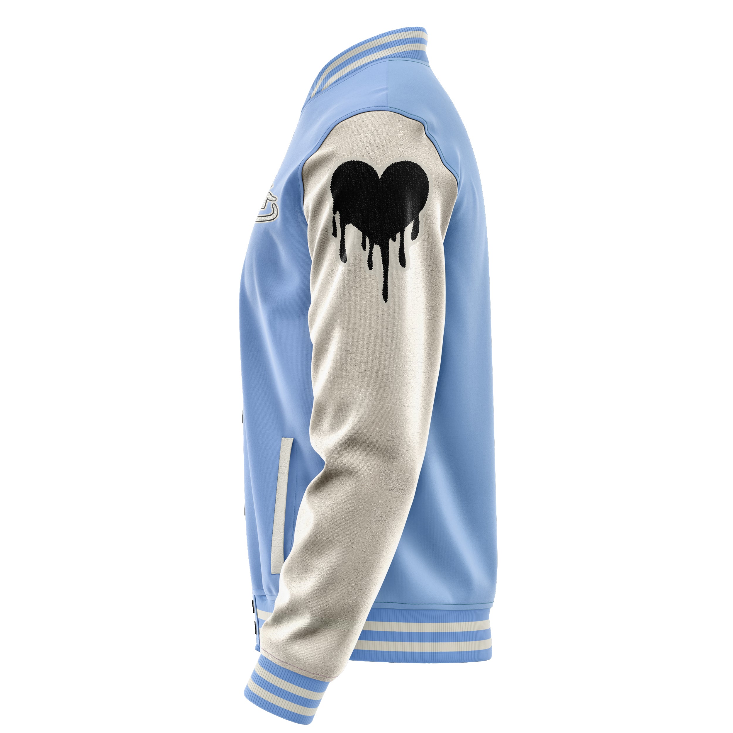 Custom Sky Blue Varsity Jacket Patches Beige Leather Sleeves - dripping heart