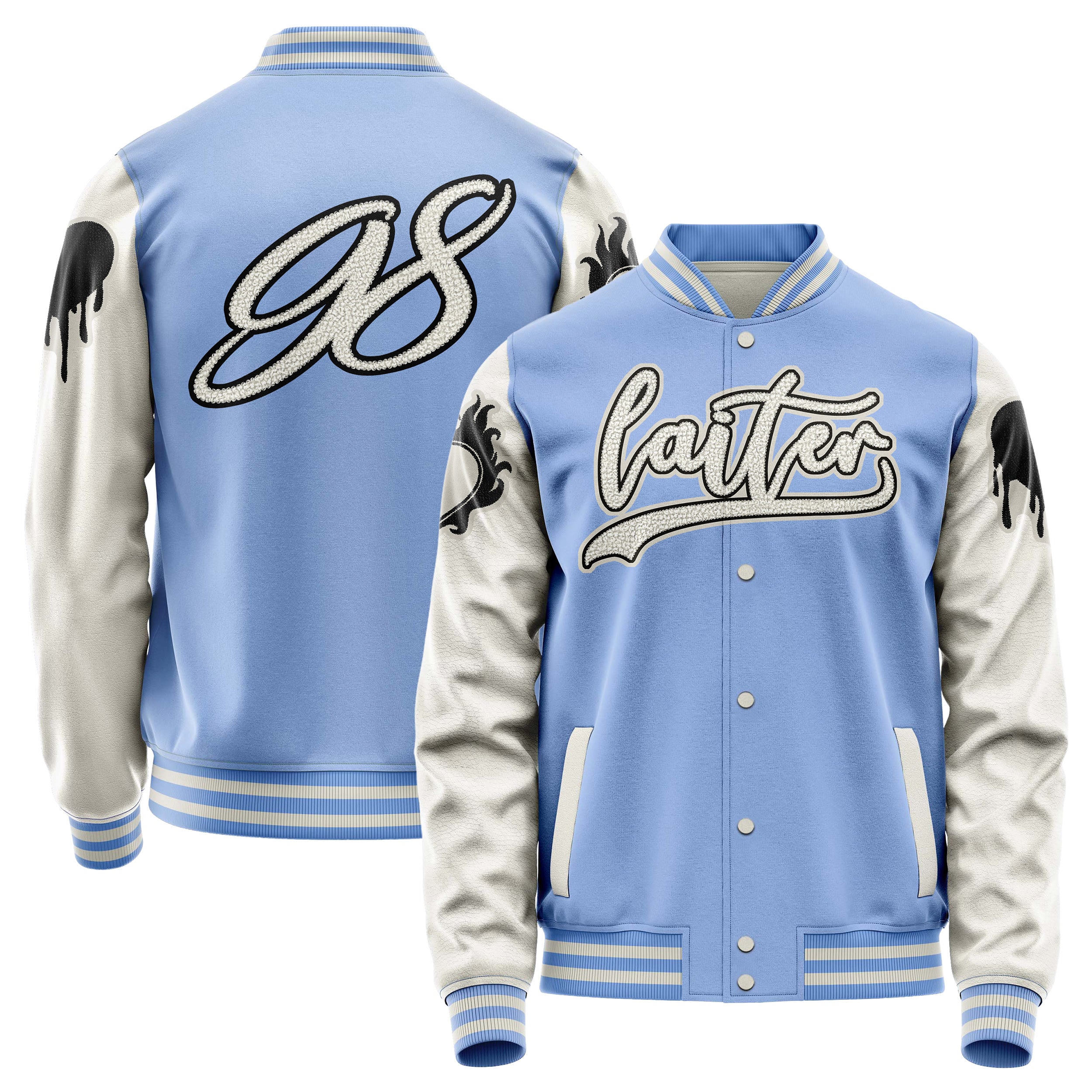 Custom Sky Blue Varsity Jacket Patches Beige Leather Sleeves - dripping heart