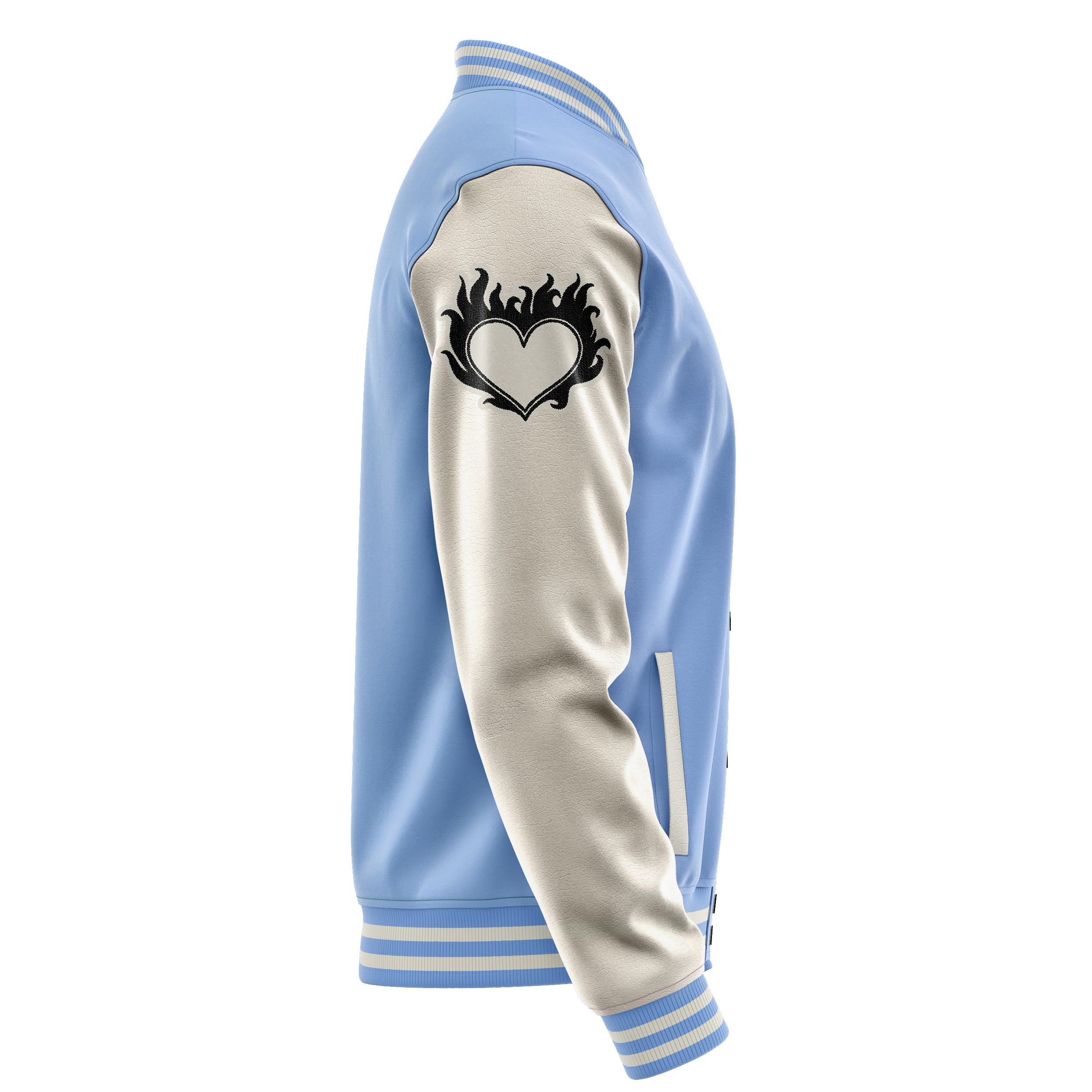 Custom Sky Blue Varsity Jacket Patches Beige Leather Sleeves - dripping heart