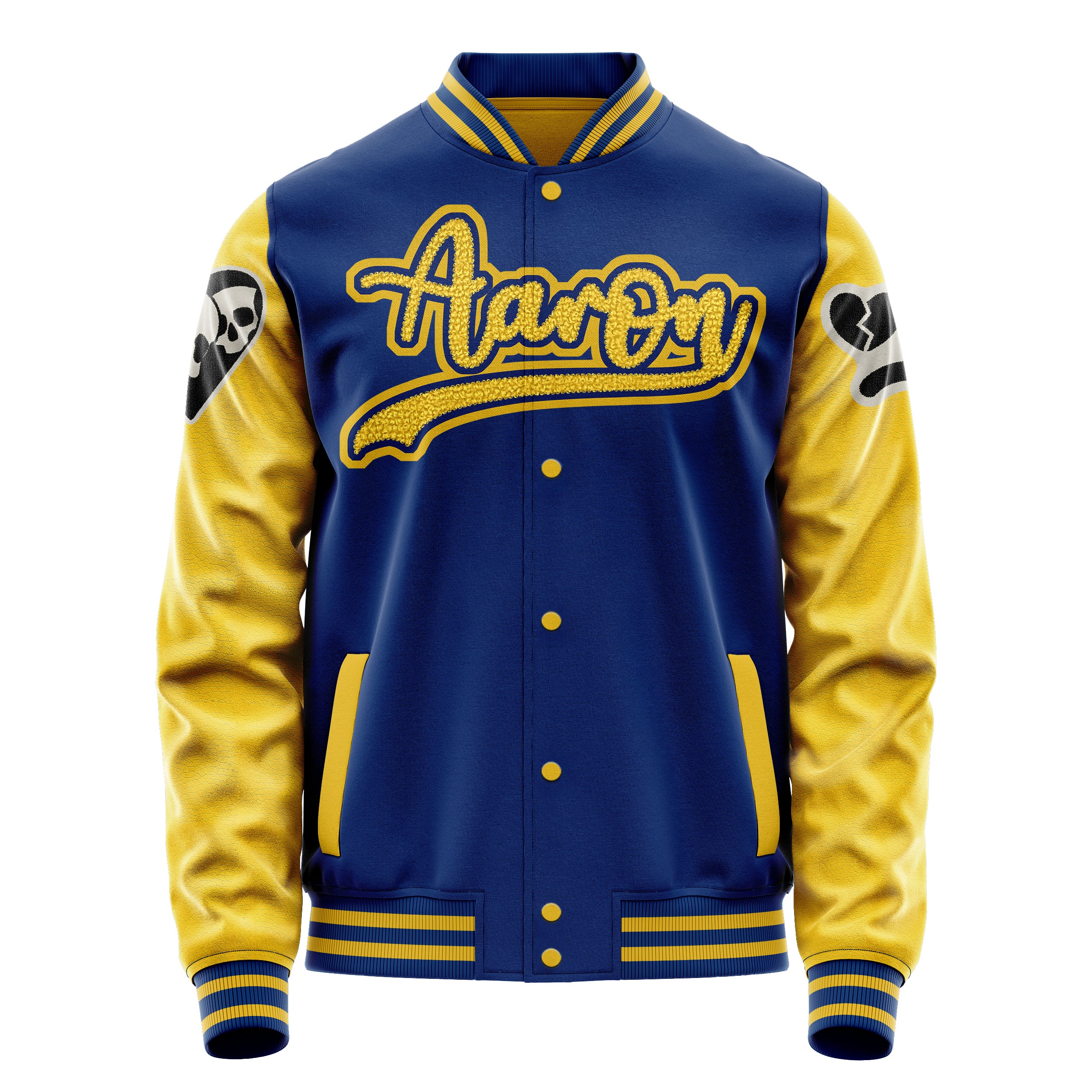 Custom Royal Blue Varsity Jacket Patches Egg Yellow Leather Sleeves - Not happy