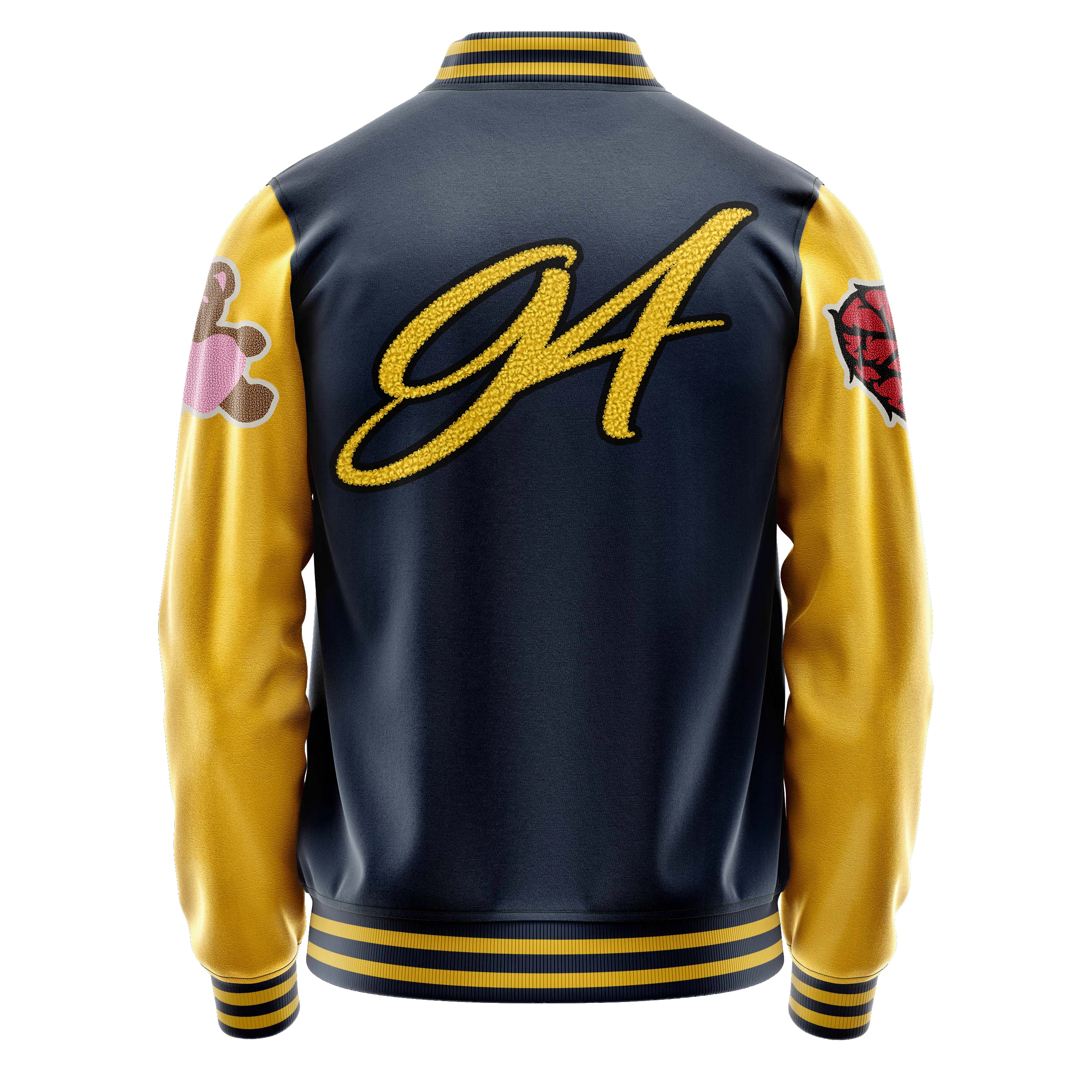 Custom Navy Blue Varsity Jacket Patches Egg Yellow Leather Sleeves - Teddy Love Heart