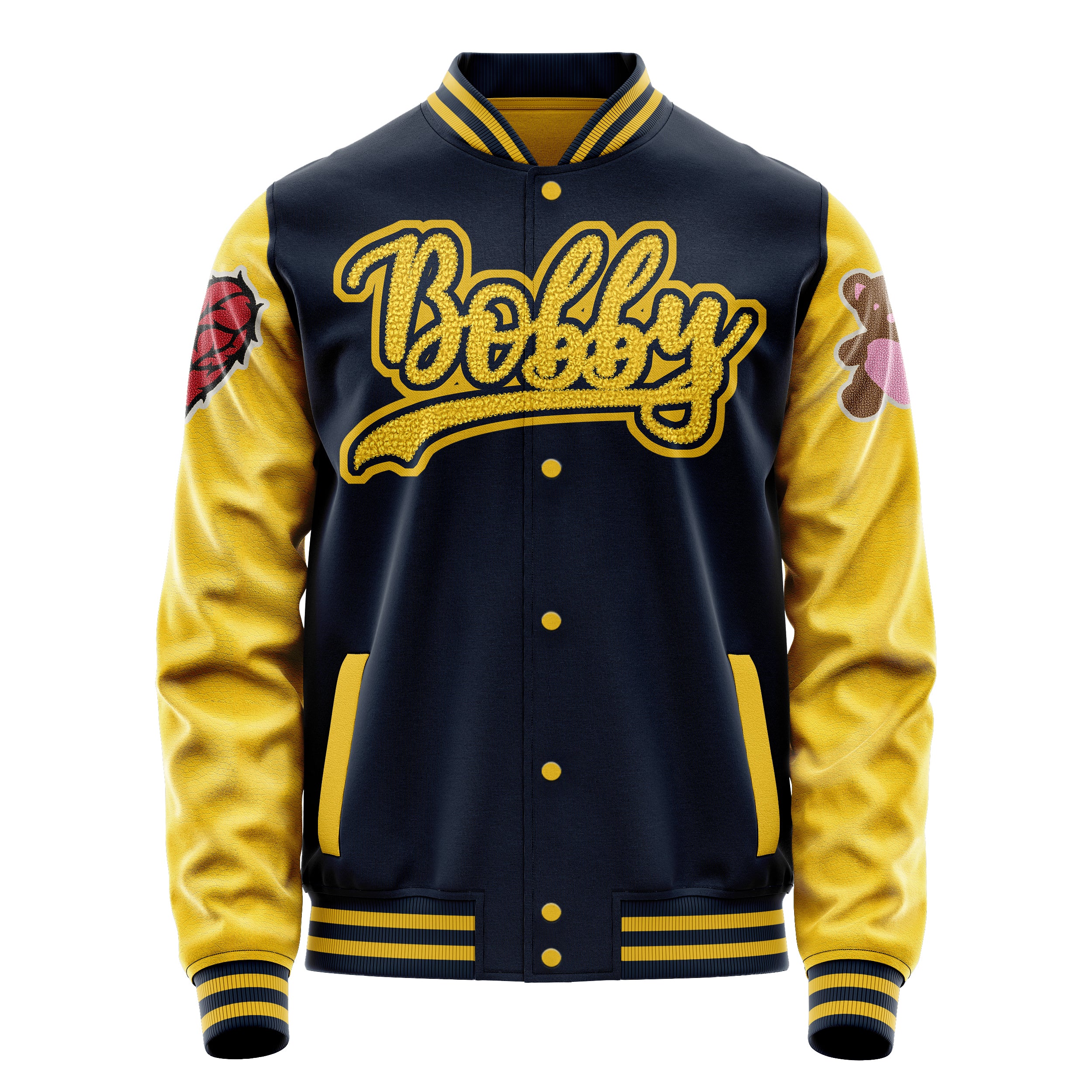 Custom Navy Blue Varsity Jacket Patches Egg Yellow Leather Sleeves - Teddy Love Heart