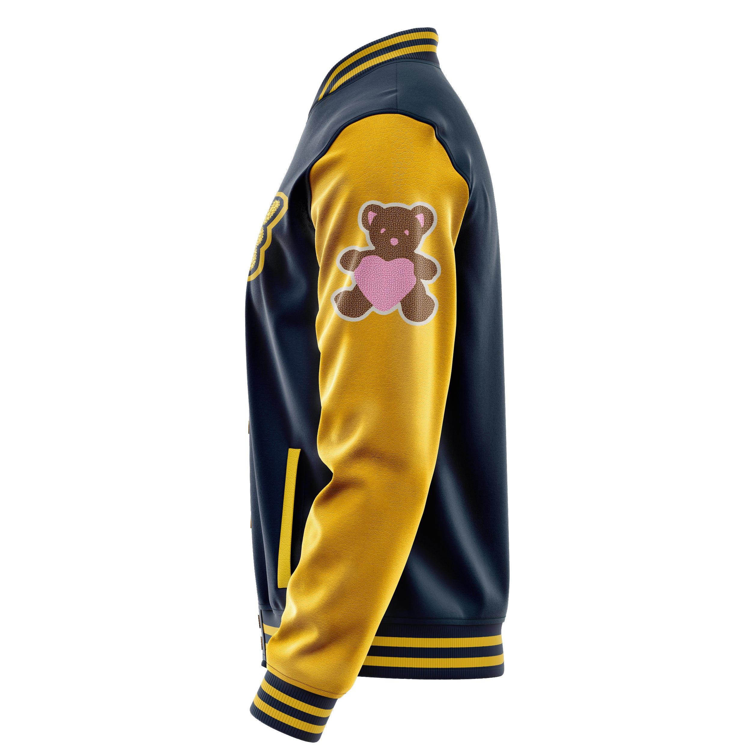 Custom Navy Blue Varsity Jacket Patches Egg Yellow Leather Sleeves - Teddy Love Heart