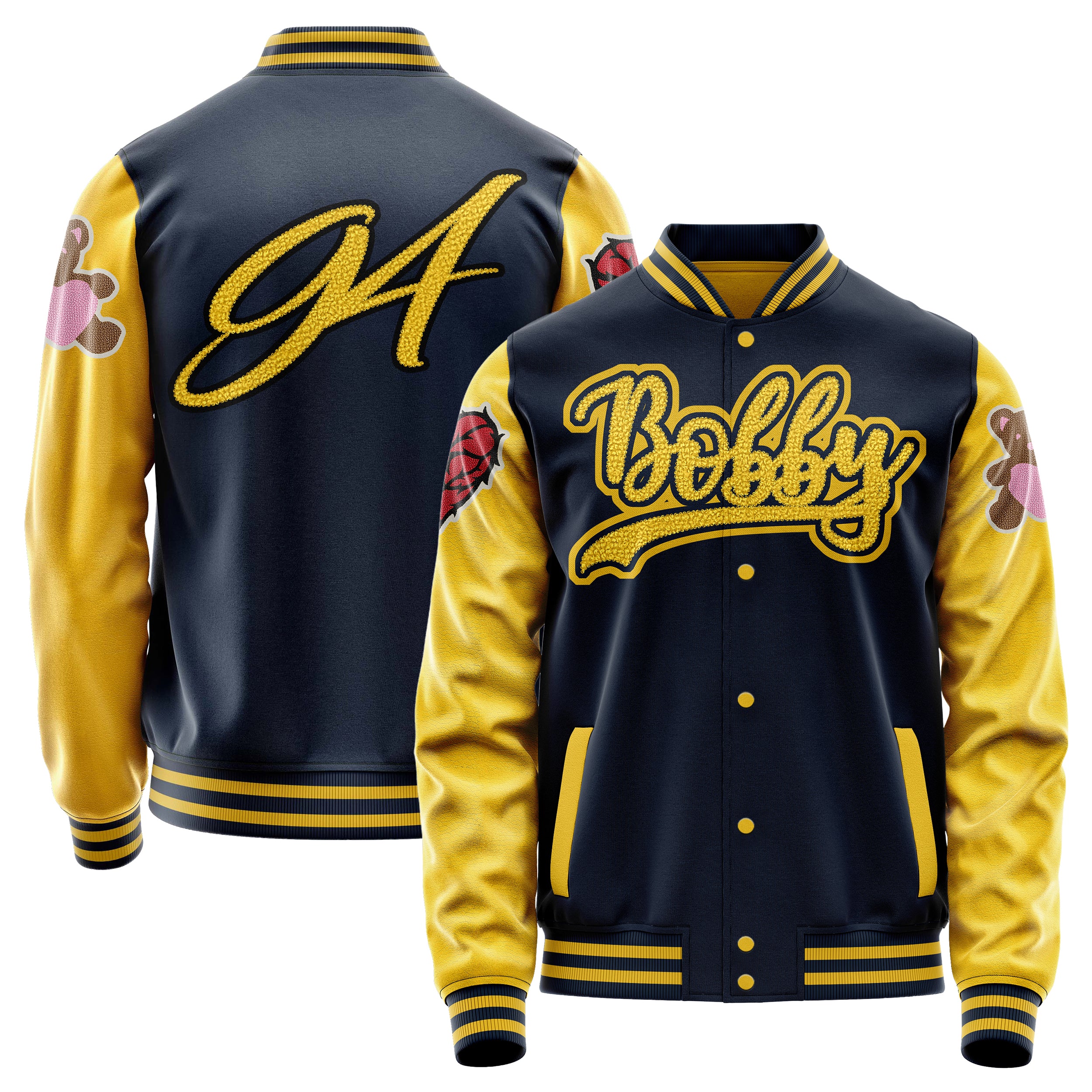 Custom Navy Blue Varsity Jacket Patches Egg Yellow Leather Sleeves - Teddy Love Heart