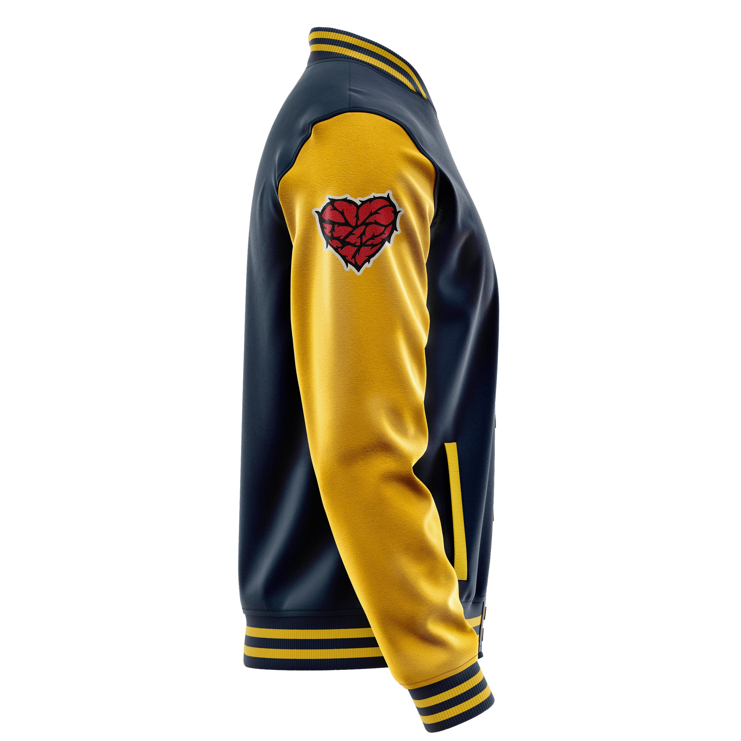 Custom Navy Blue Varsity Jacket Patches Egg Yellow Leather Sleeves - Teddy Love Heart