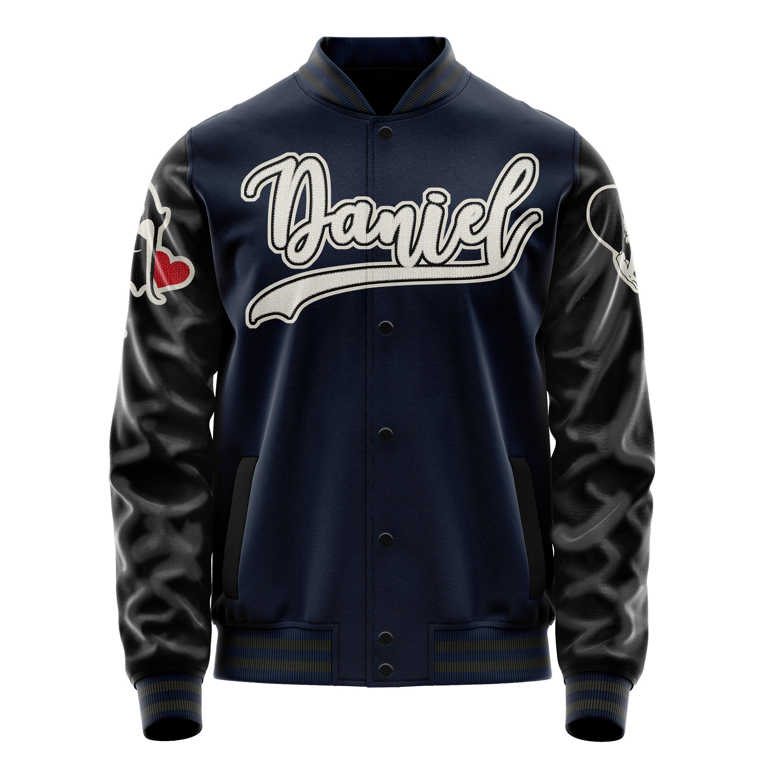 Custom Navy Blue Varsity Jacket Patches Black Leather Sleeves - Hurt the heart