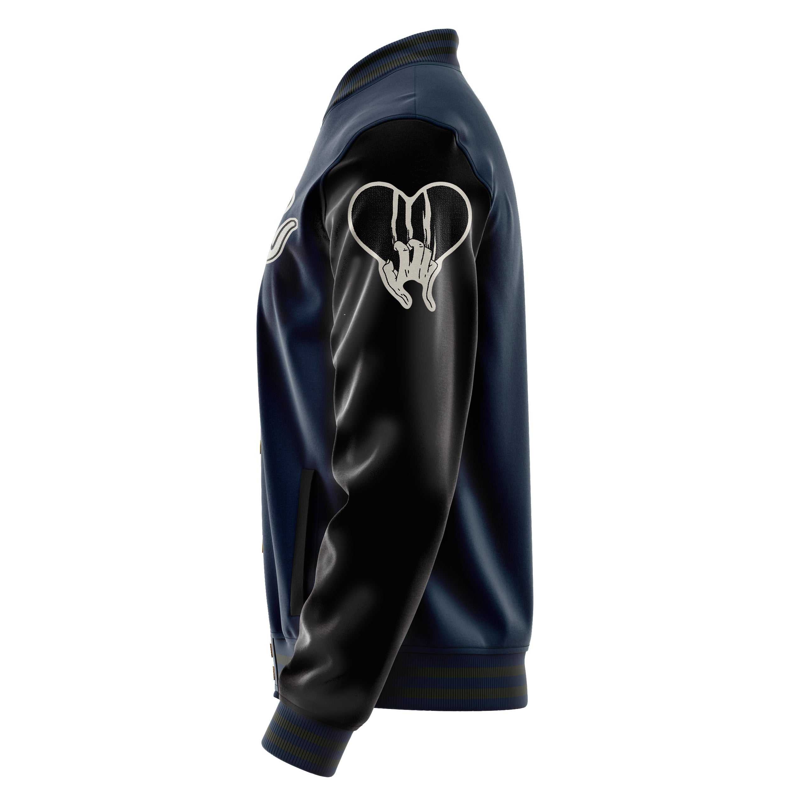 Custom Navy Blue Varsity Jacket Patches Black Leather Sleeves - Hurt the heart