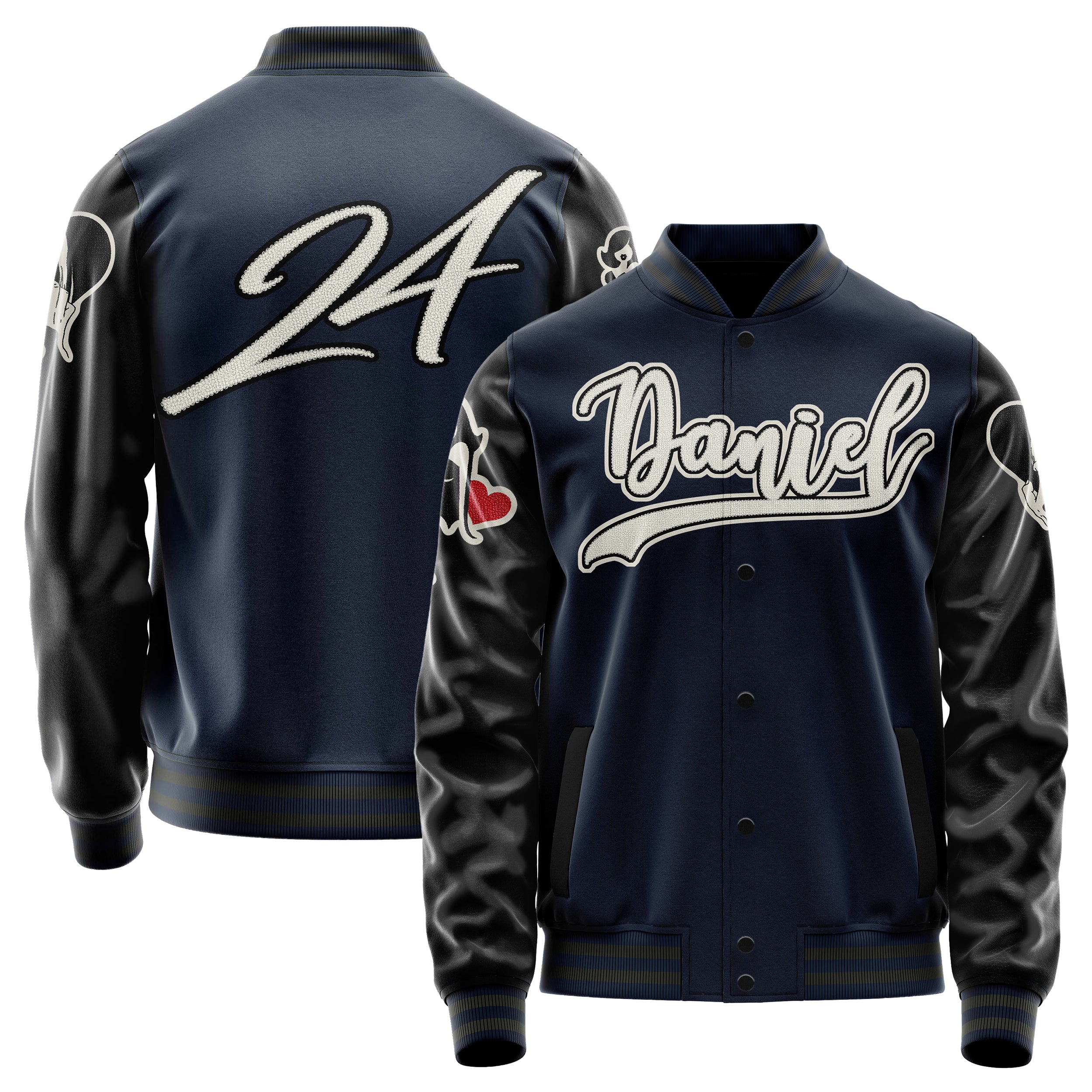 Custom Navy Blue Varsity Jacket Patches Black Leather Sleeves - Hurt the heart